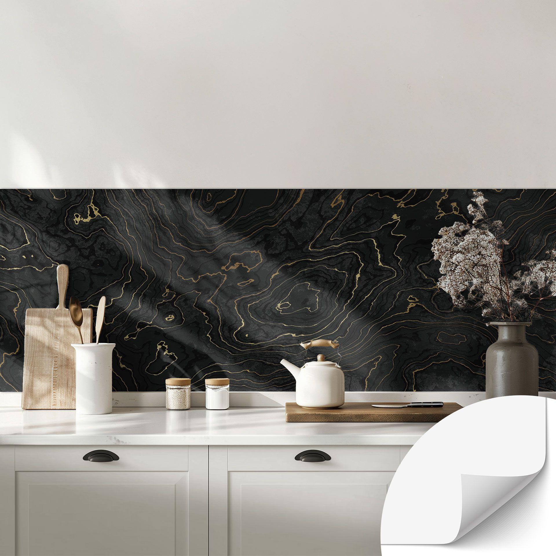 Salpicadero de cocina autoadhesivo Líneas abstractas negro-oro - Amini