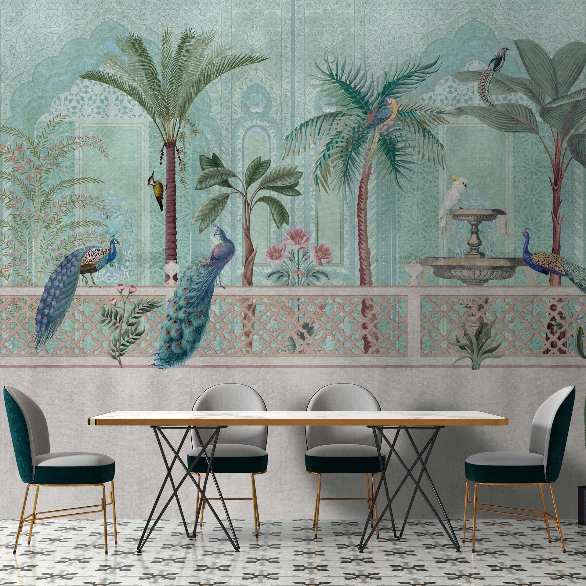 Orientalsk havetapet med påfugle - elegant non-woven tapet i pastelfarver