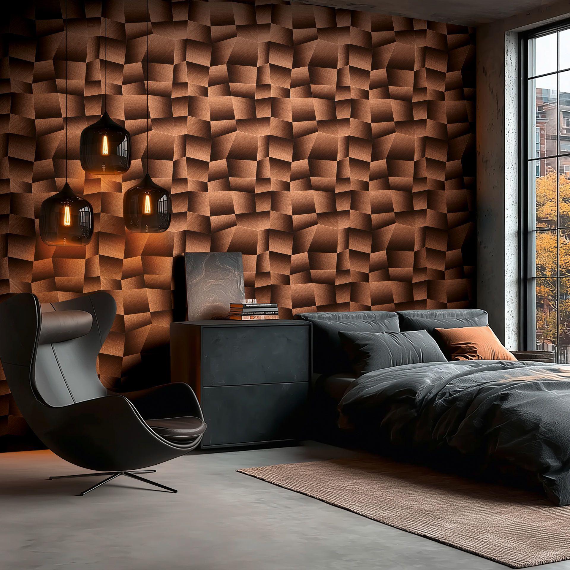 Ikke-vævet tapet Damian Refined Dimensions 3D Geometric Brown Metallic - tapettekstur gang