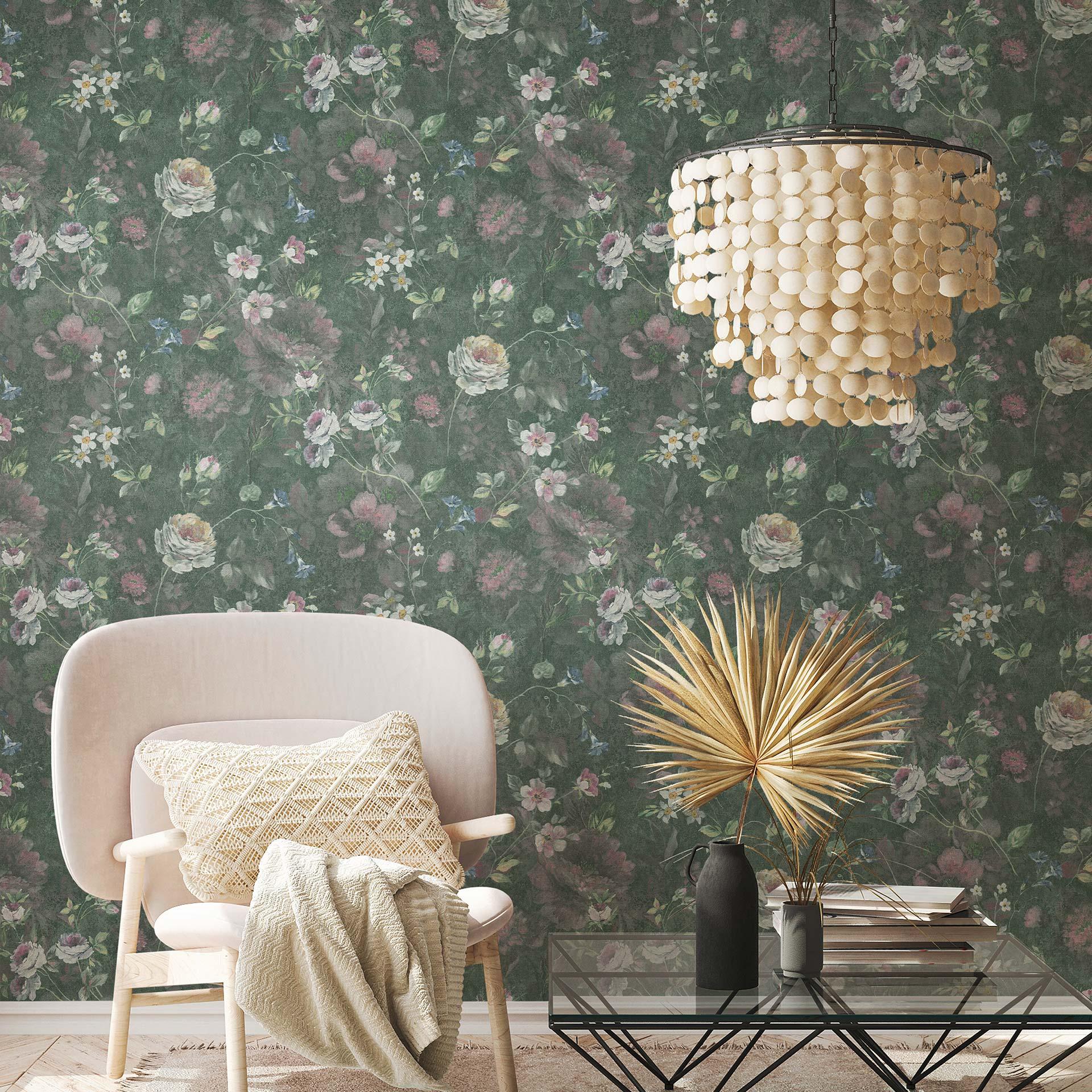 Papier peint fleuri sans PVC - Papier peint intissé Floral de A.S. Création Vert Blanc Rose 386362