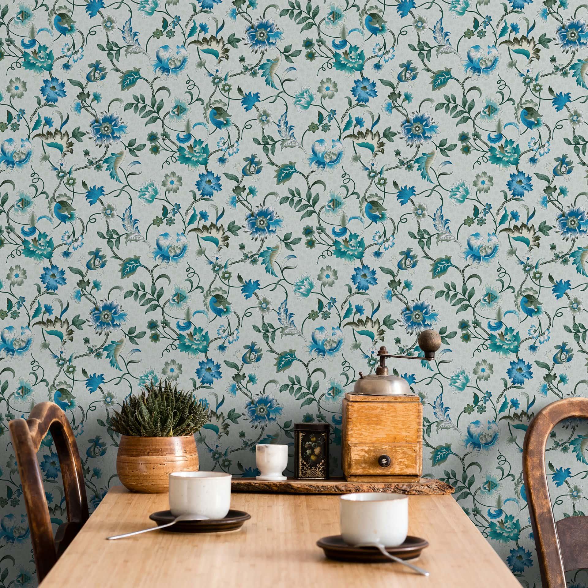 Papel pintado no tejido flores, hojas naturaleza floral en verde