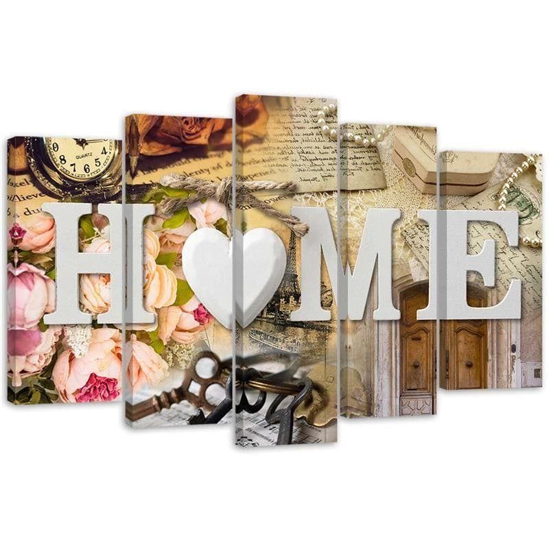 5 stykke lærredsprint Home Heart Retro Inscription
