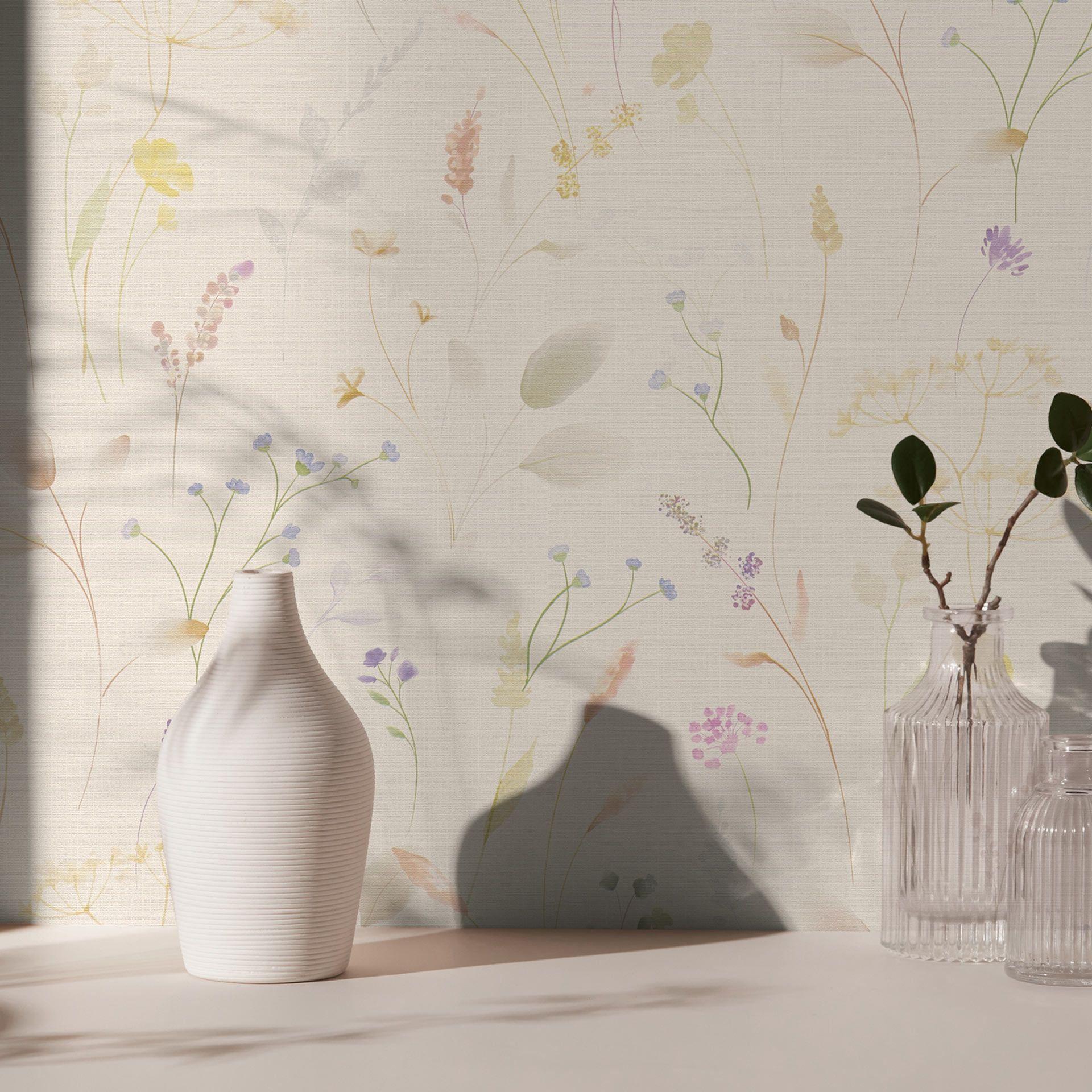 Pastelhvidt engblomstertapet - Ikke-vævet tapet akvarel look luftig blomstret