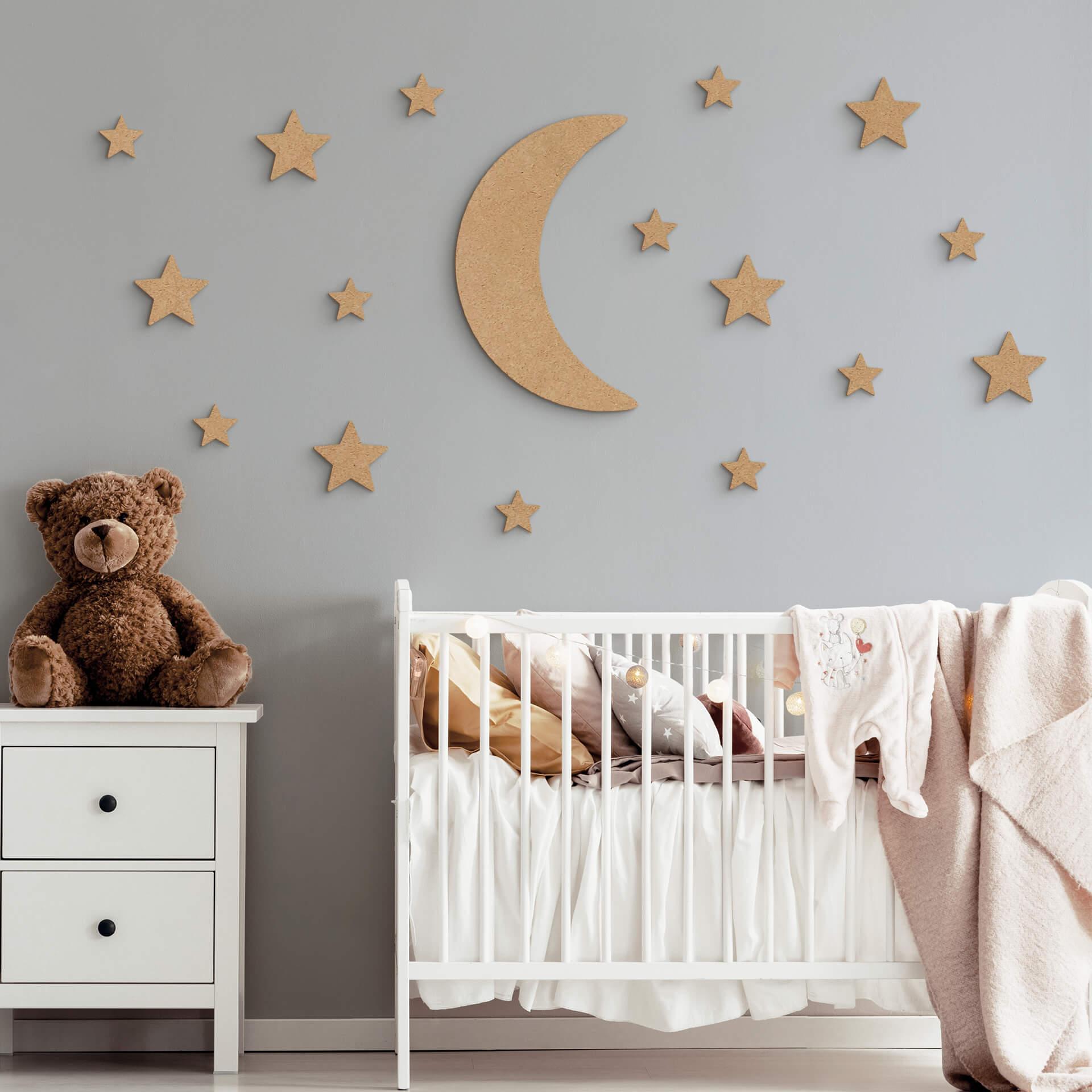 Decoración en madera para habitación infantil Luna y estrellas - MDF nature