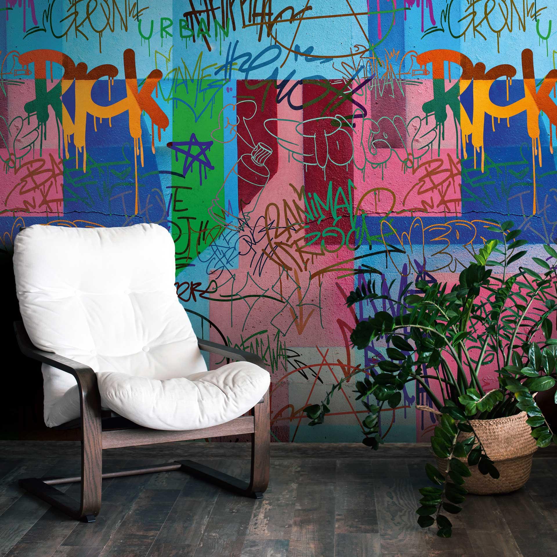 Graffiti tapet farverigt - non-woven tapet street art design - ungdomsværelse tapet
