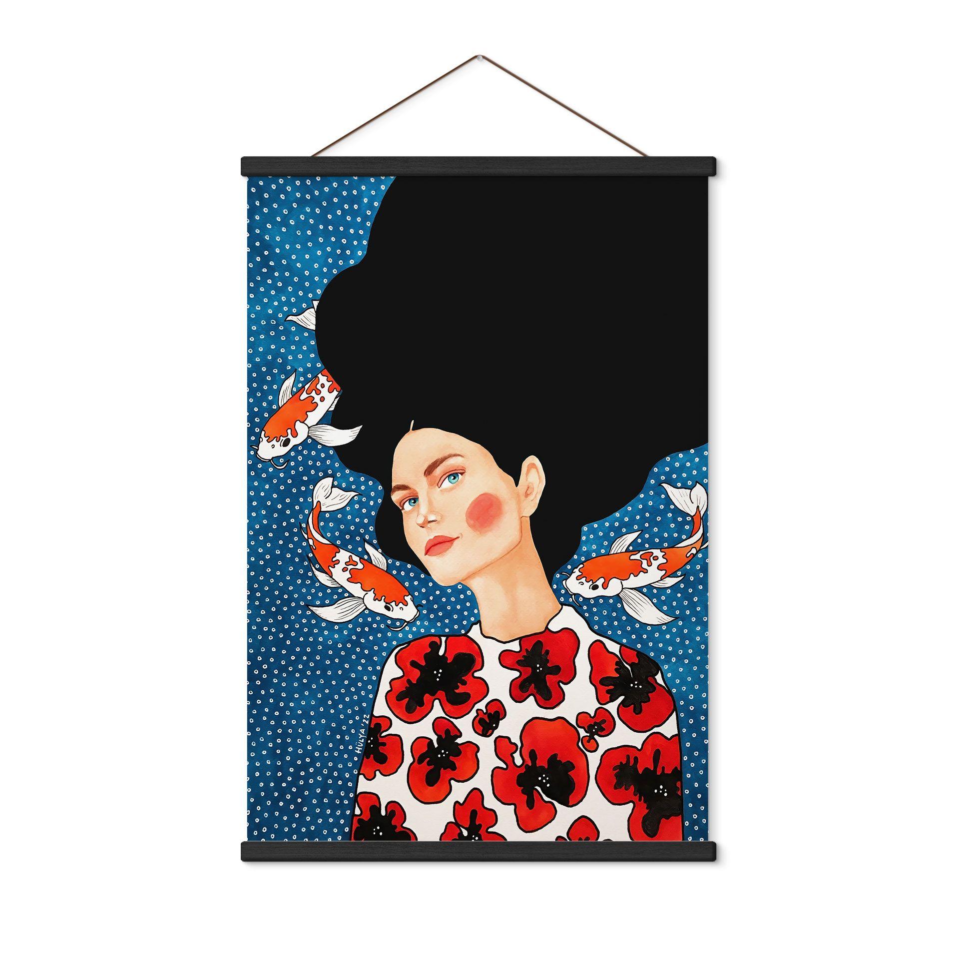 Póster de tela mujer en vestido de flores con koi - Hülya
