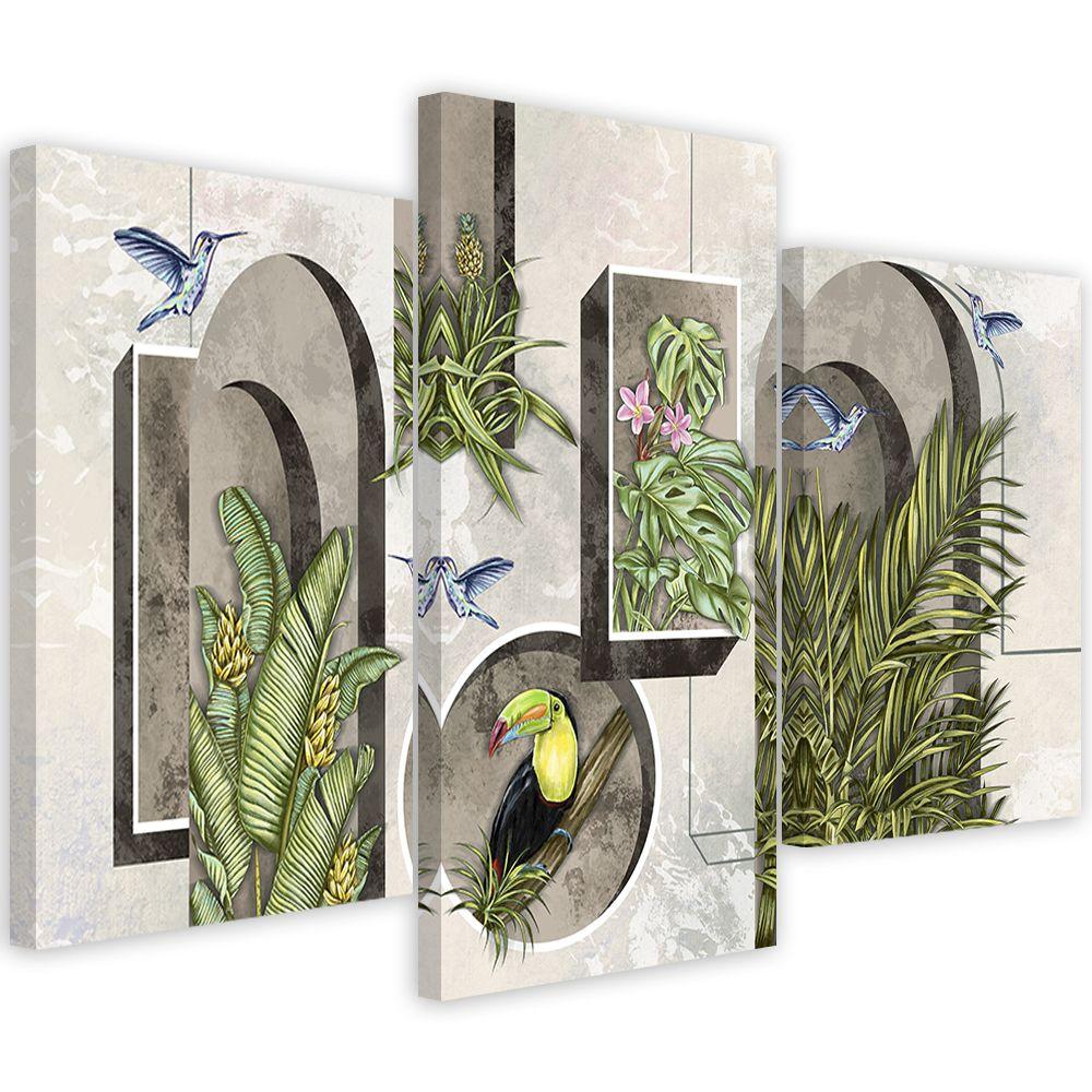 Lærred print 3 stykker, former i væggen med planter og fugle Toucan Koliber
