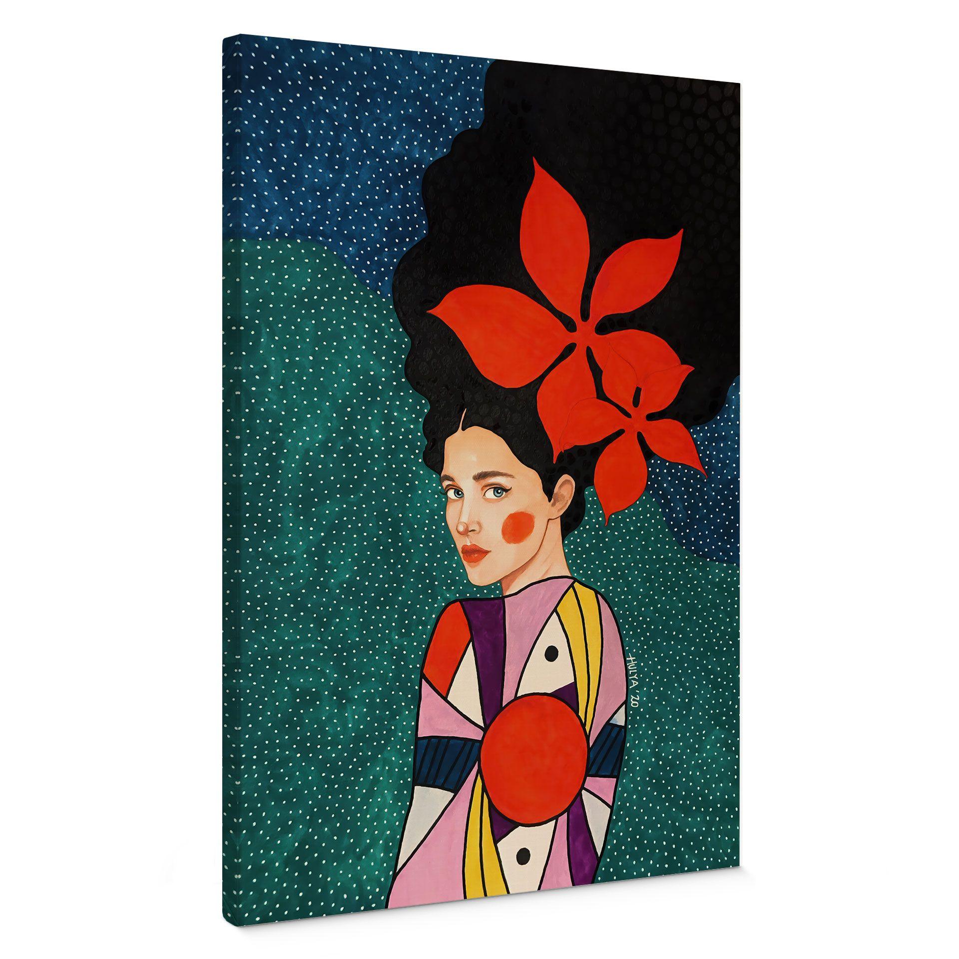 Lienzo mujer con flores rojas y vestido estampado - Hülya