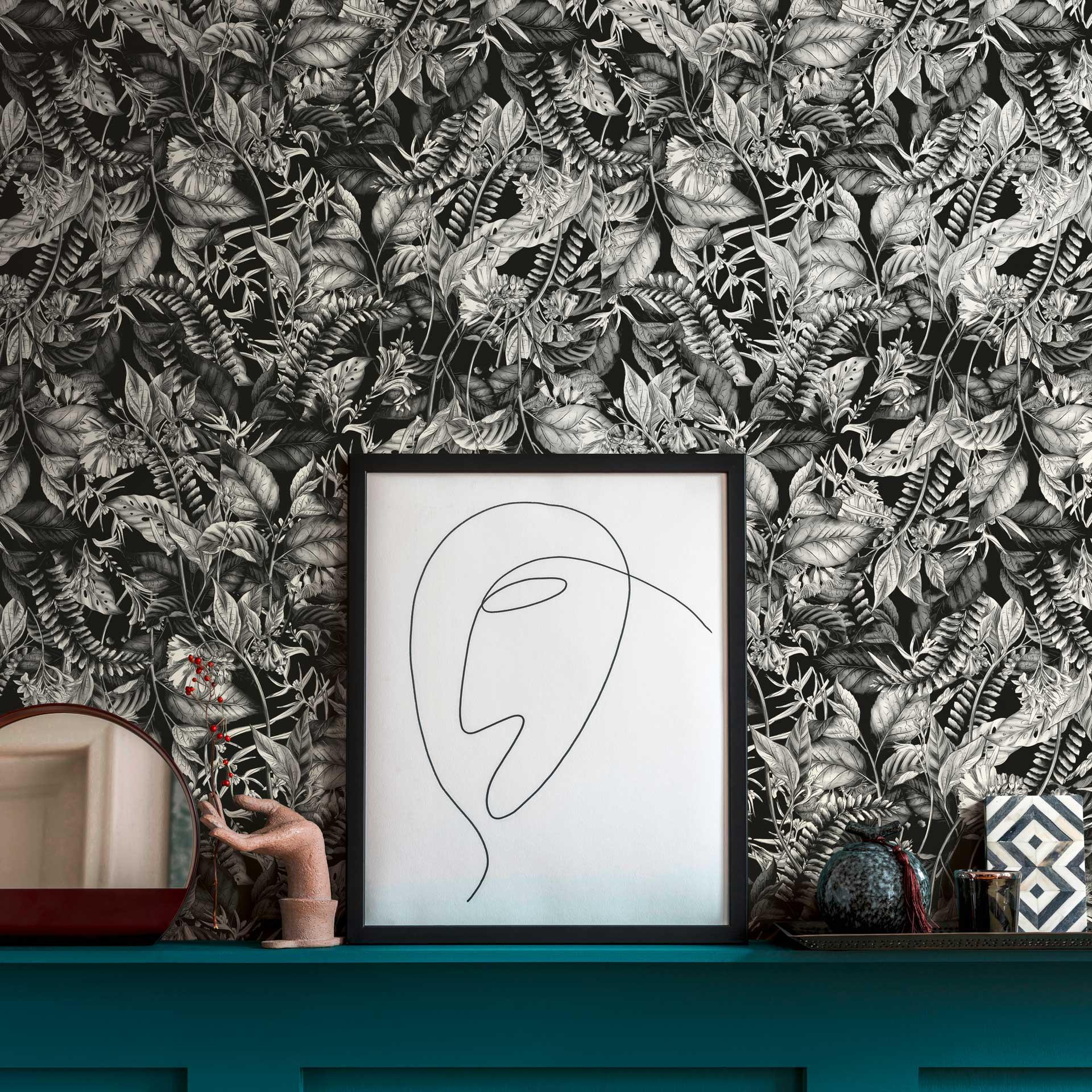 tapet med junglemotiv sort og hvid - non-woven tapet med planter og blomster