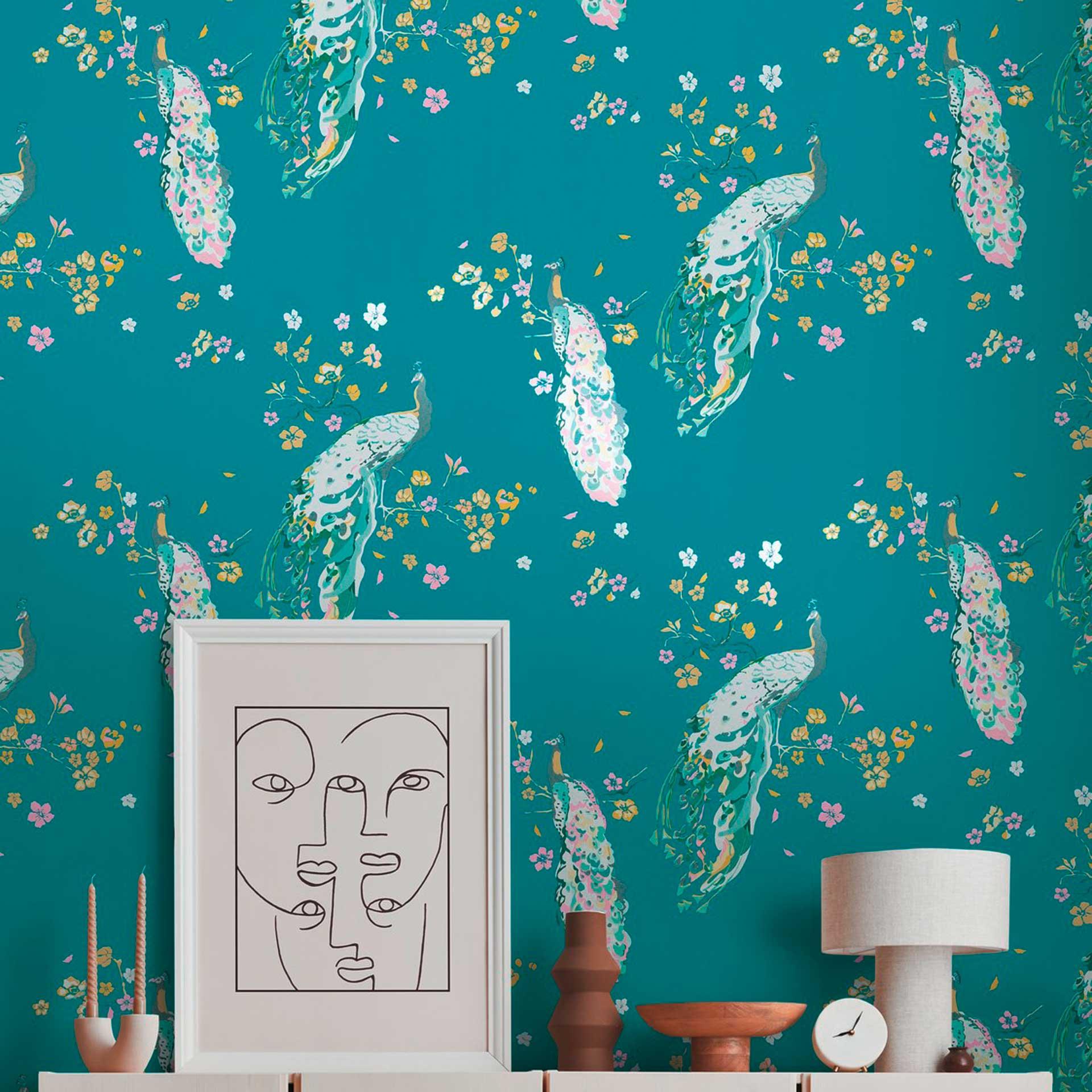 blomstertapet med fugle - tapet påfugl turkis gul - blomstertapet designer