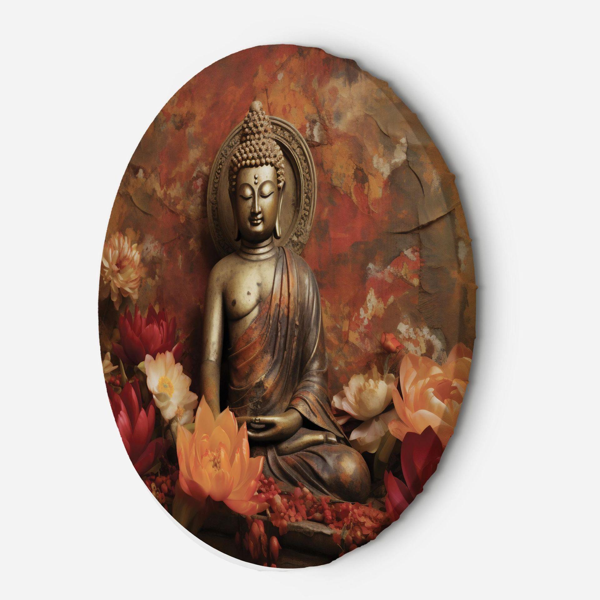 Rundt lærredsbillede af mediterende Buddha og farverige blomster