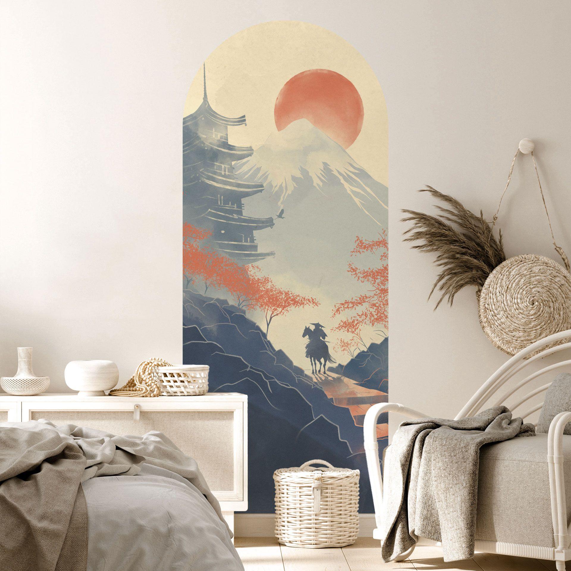Wallsticker vægpanel solopgang over pagoden - Roze - narrow