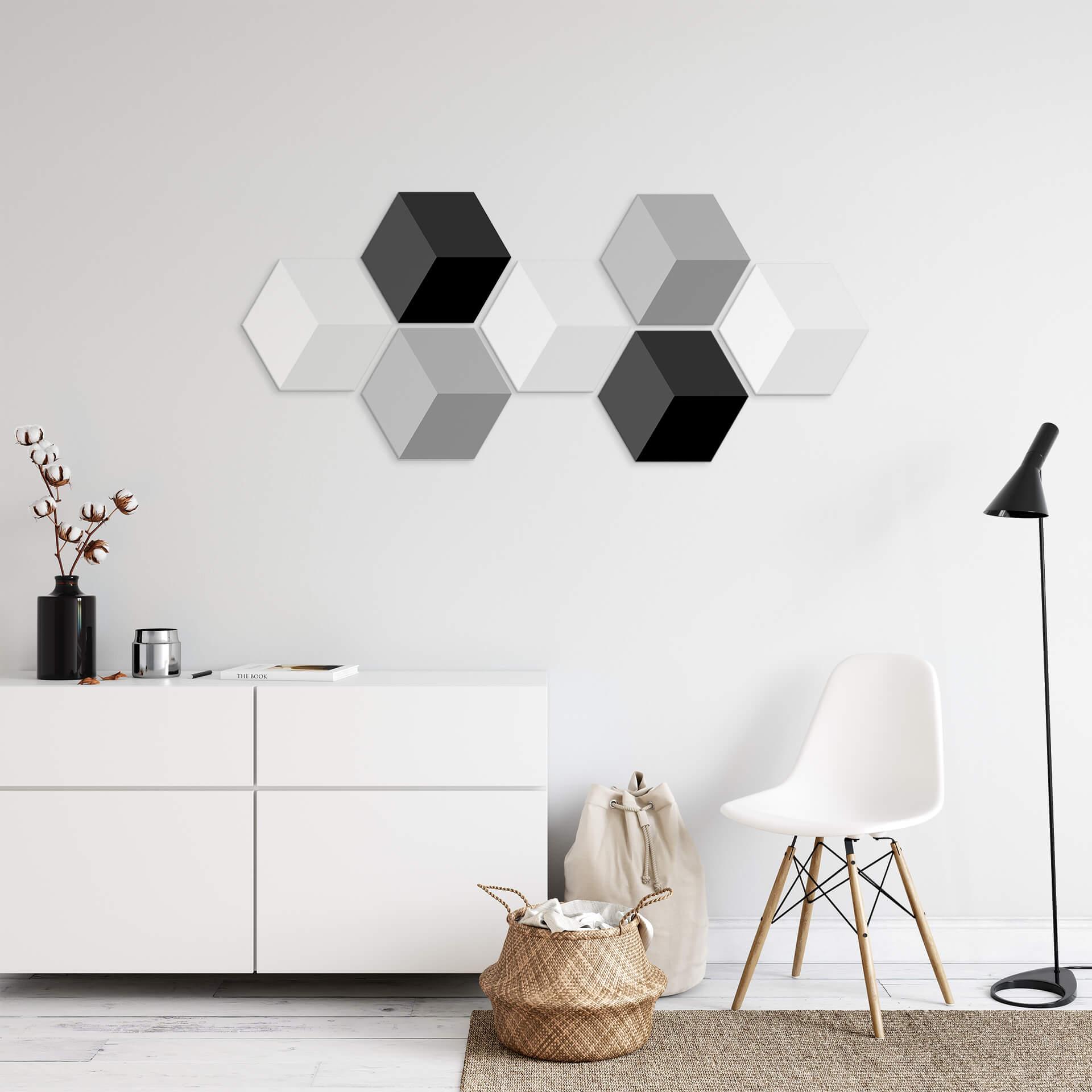 3D Hexagon Alu-Dibond sæt - Sort/hvid (sæt med 7)