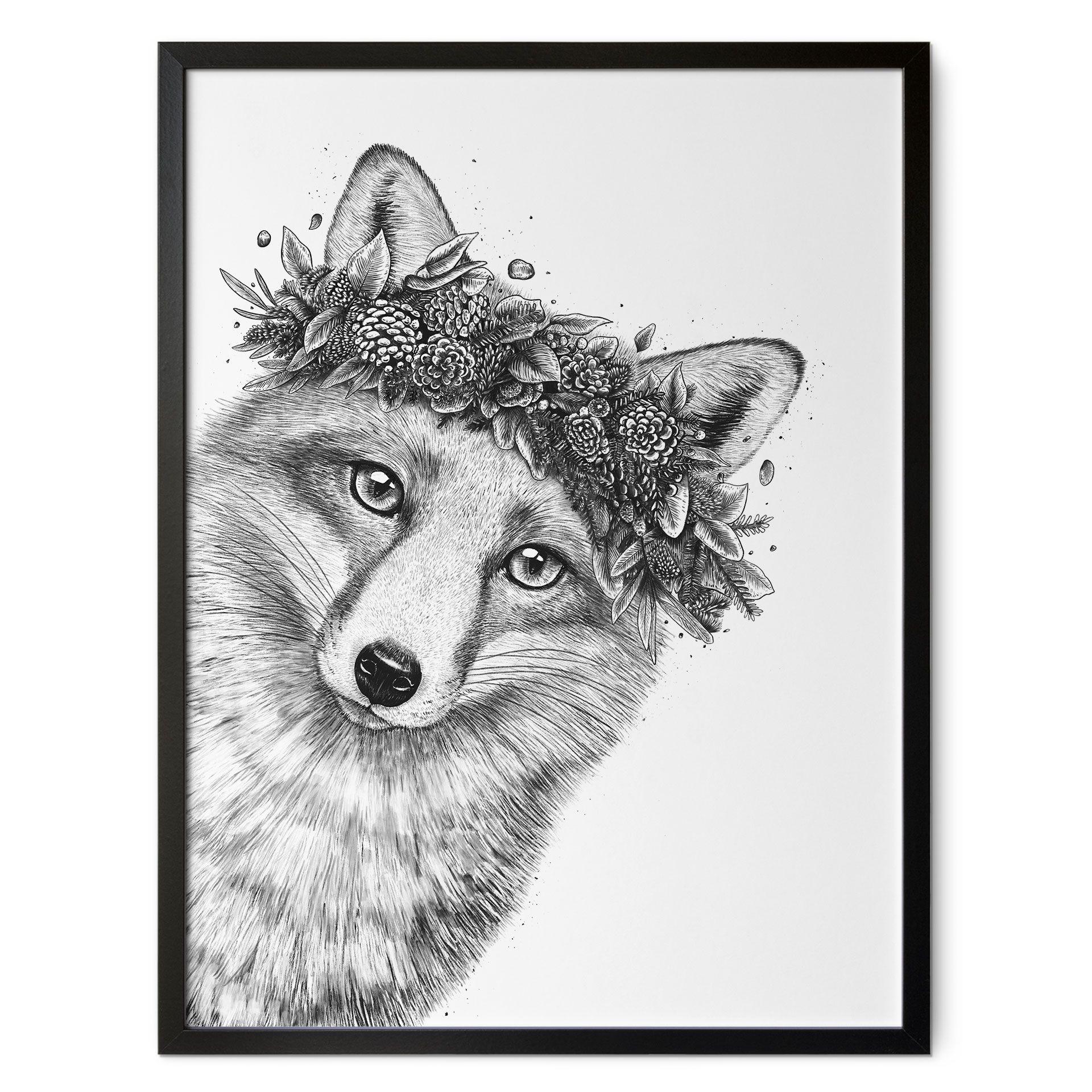 Póster Zorro blanco y negro con corona de flores - Korenkova