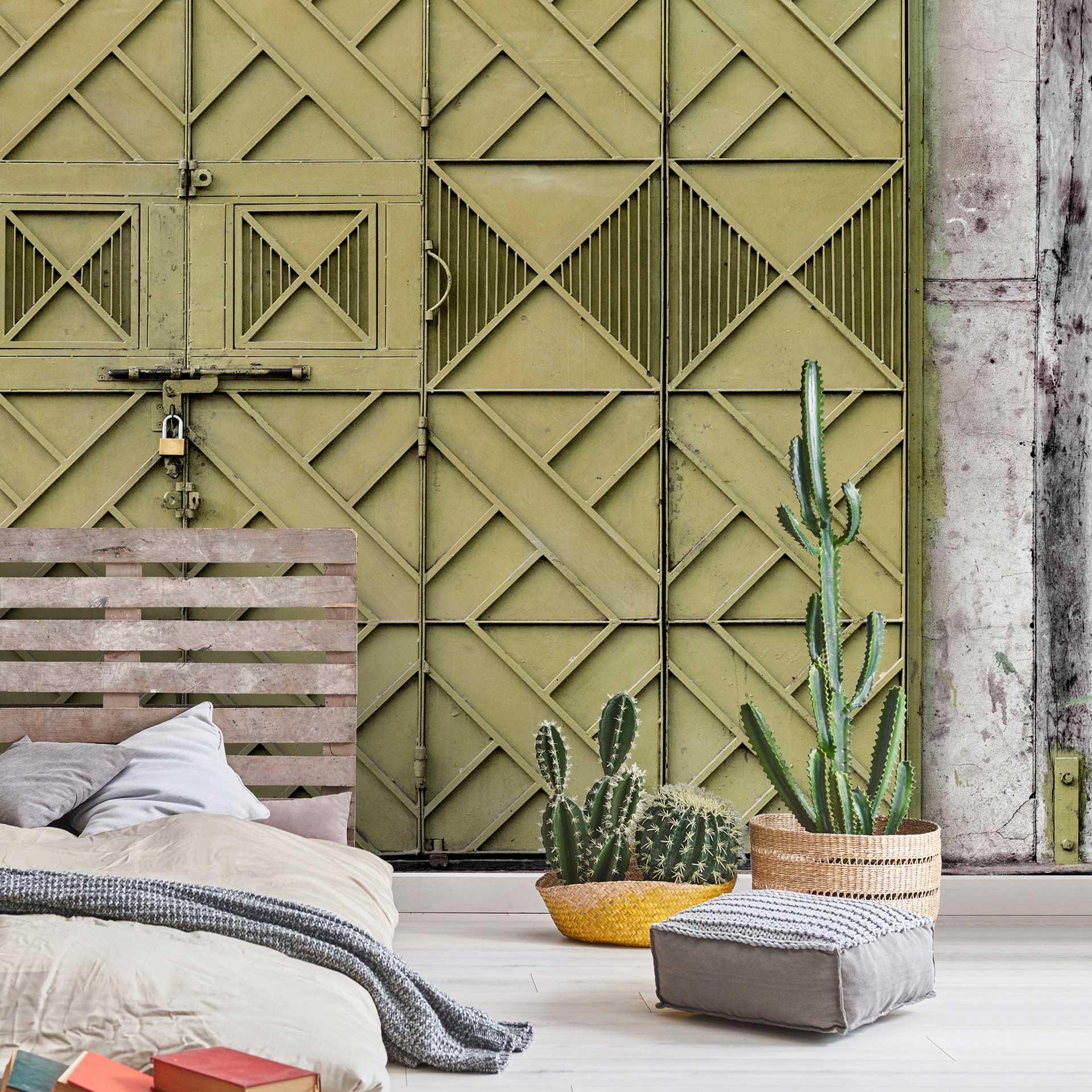Vintage geometrisk tapetmaleri - olivengrønt gitterdesign