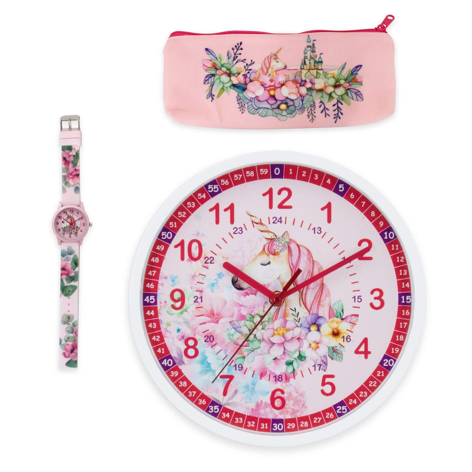 Bundle Lernuhr mit Lernzifferblatt für Kinder inkl. Armbanduhr & Mäppchen | Einhorn/Prinzessin rosa
