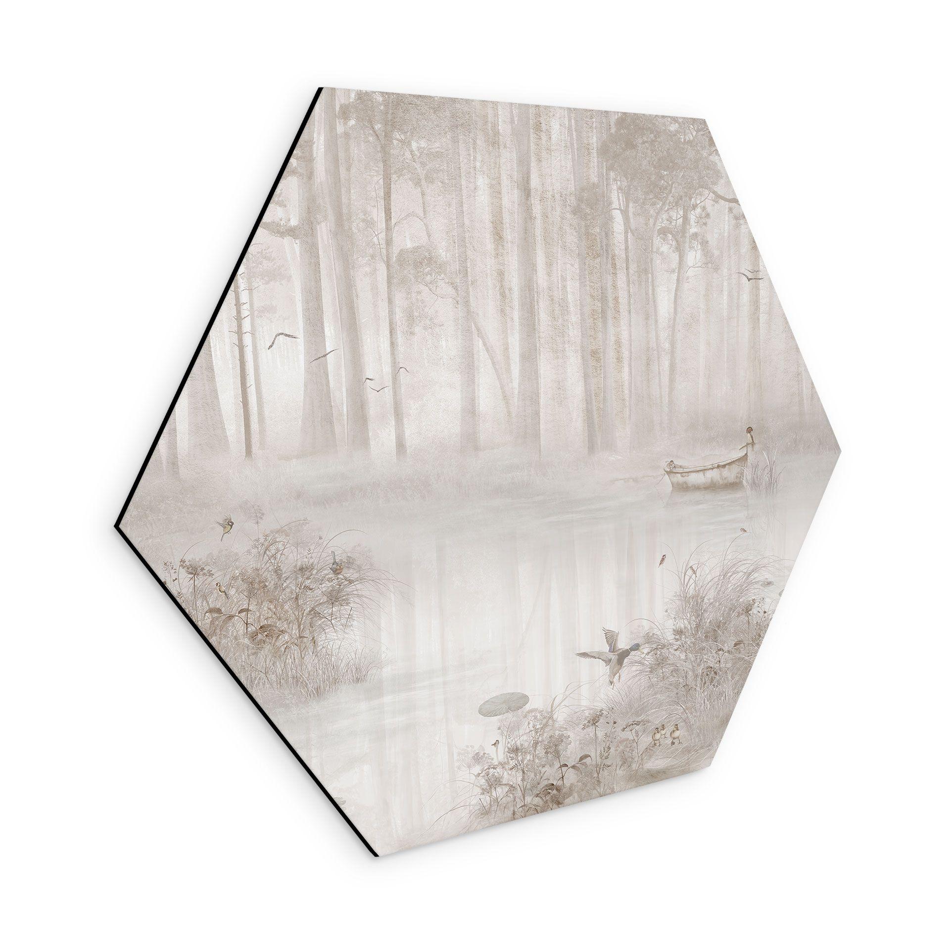 Wanddecoratie bos bij het meer in beige mist - Ms Tiff - Alu-Dibond