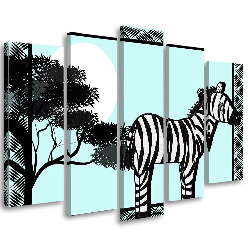 5 stykke lærredsprint, Zebra Safari blå