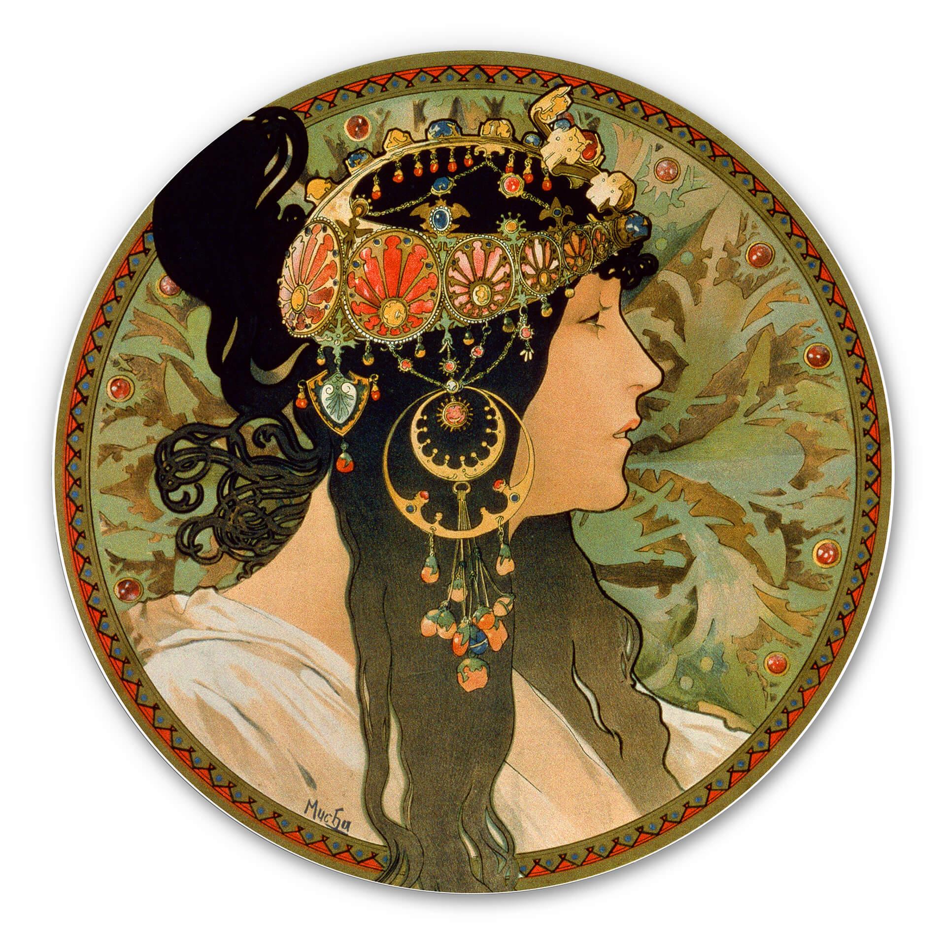 Tableau en Alu-Dibond Mucha - La brunette - Rond
