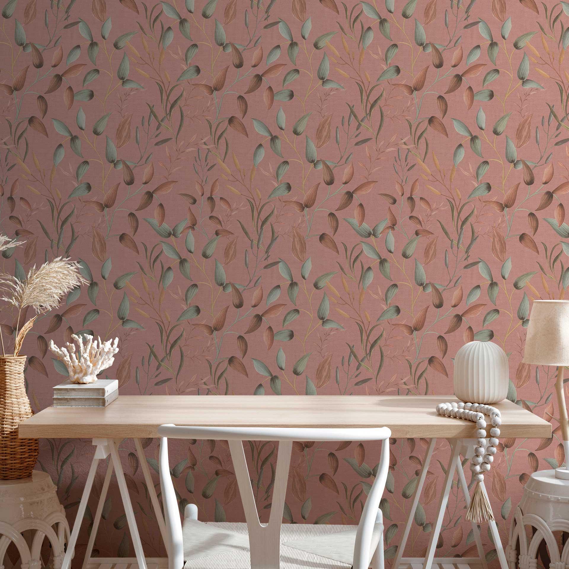 Blomstertapet blade akvarel - Ikke-vævet tapet i dusky pink grøn brun - plantetapet