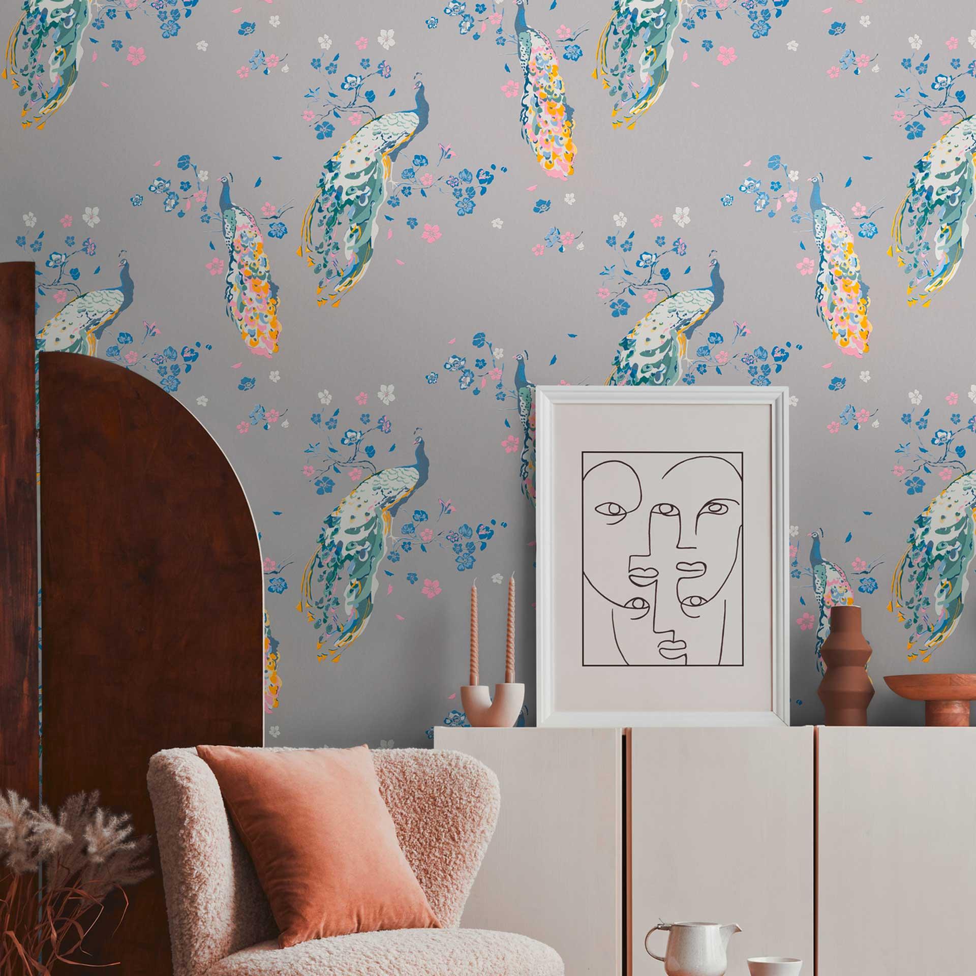 blomstertapet gråblå - bevaringstapet blomsterfugle - designtapet påfugl