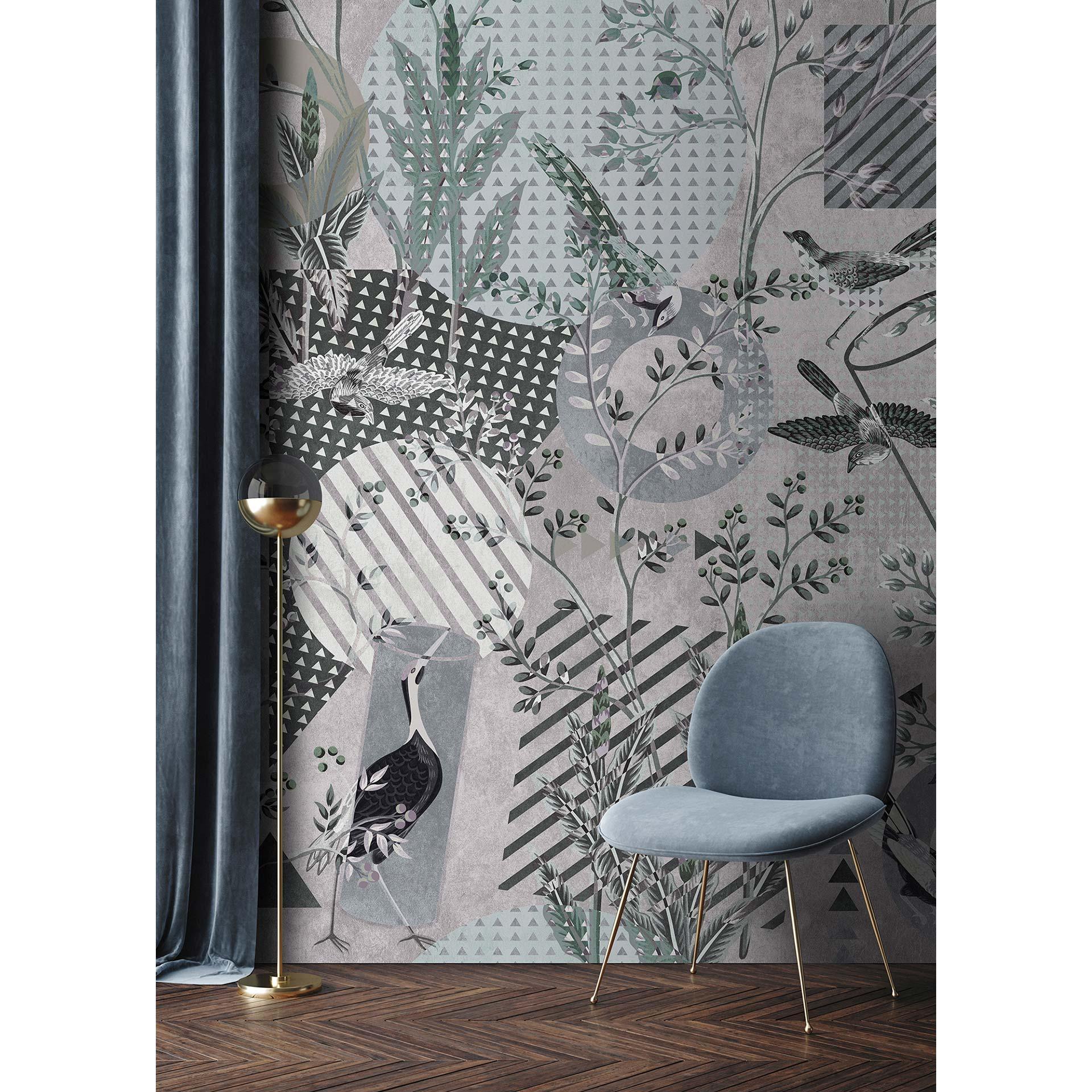 Fotomural Paredes de Patel 3 Bird`S Playground 1 gris, verde, negro