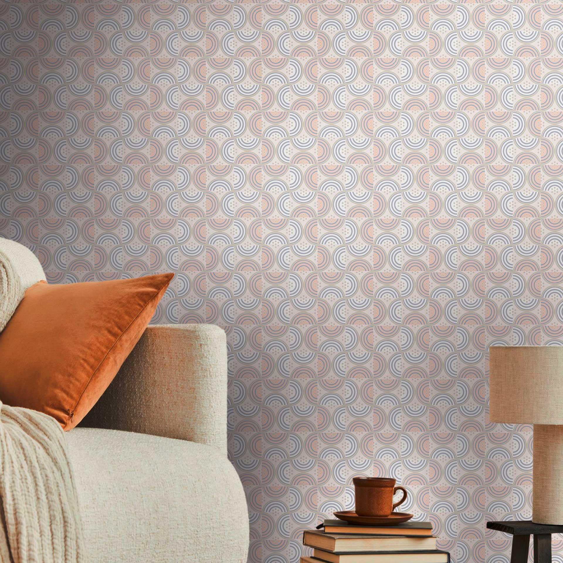 bølge- og stregmønster tapet creme blå - non-woven grafisk tapet i retrolook