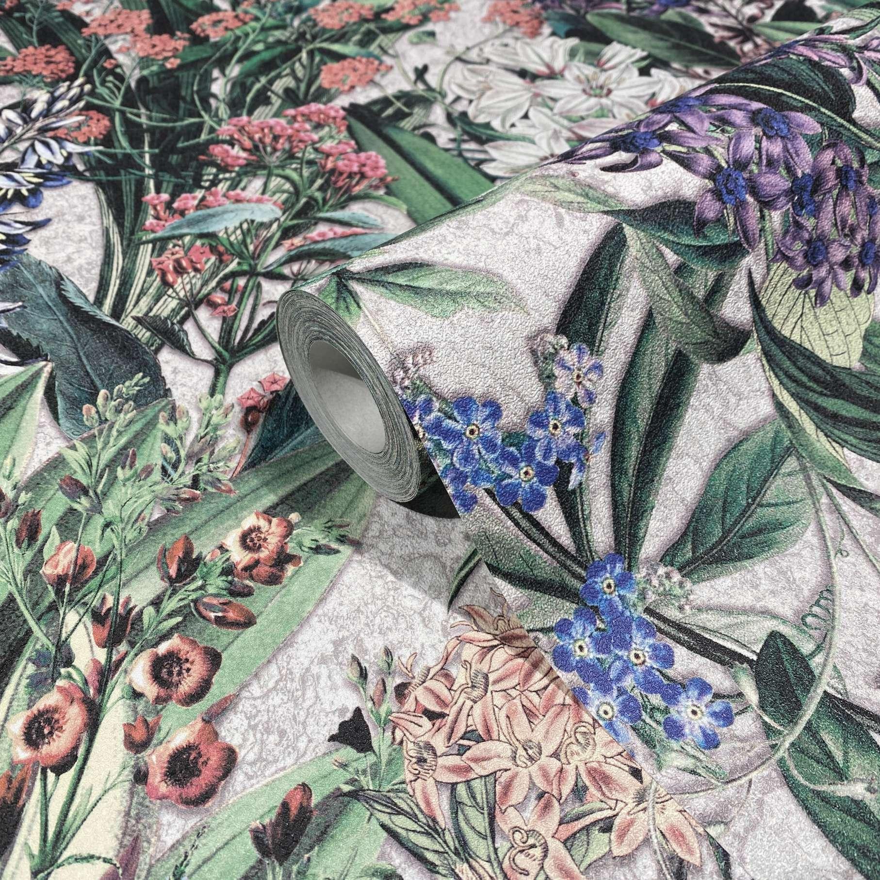 Tapet, non-woven blomstertapet Flora grå, grøn