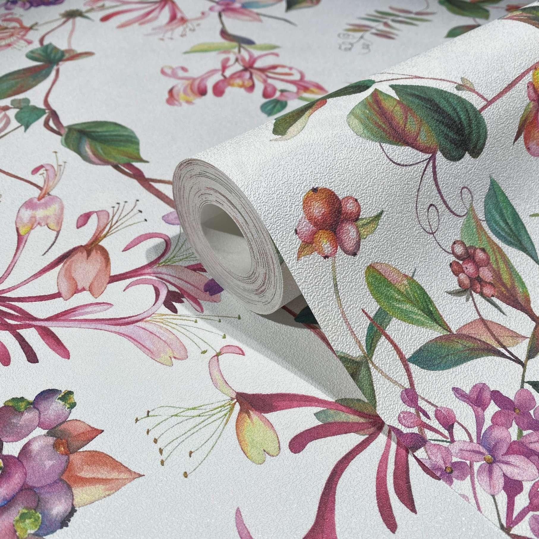 tapet, non-woven blomstret tapet Flora hvid, pink