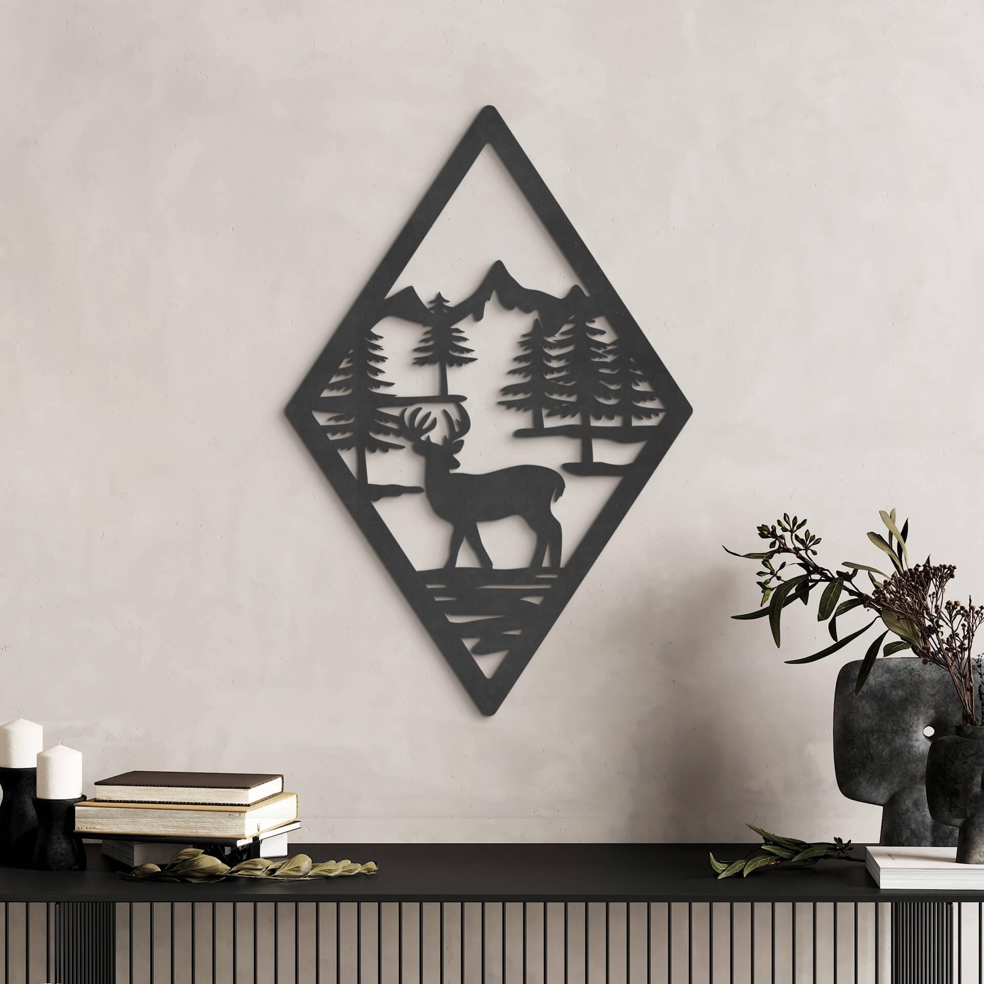 Decoración en madera MDF ciervos en el bosque en forma de diamante