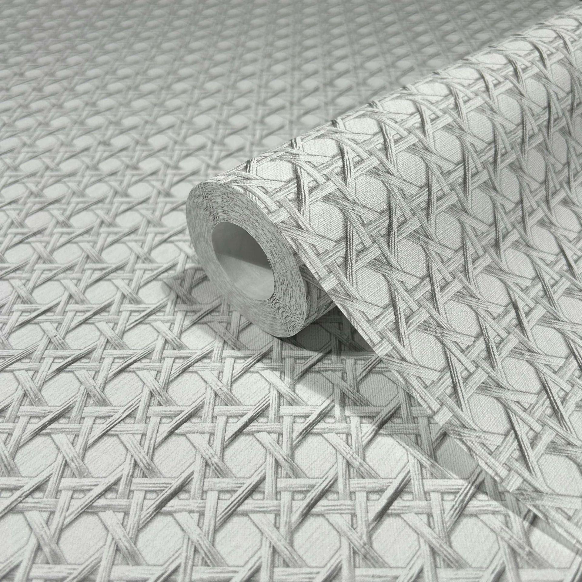 Non-woven tapet i trælook og vævet look hvid, grå trælook