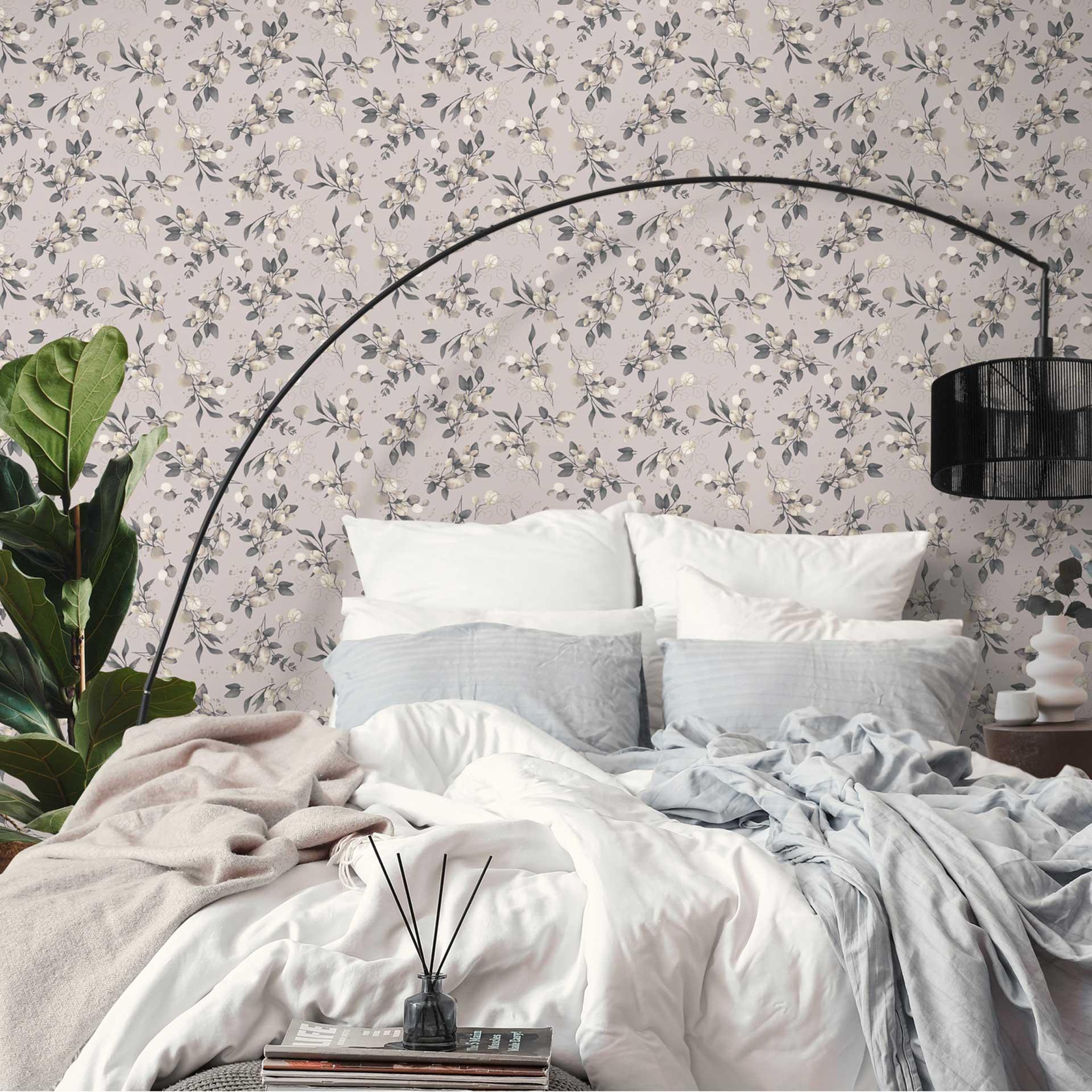Blomstret akvareltapet taupe beige - Ikke-vævet tapet med blade - moderne naturmønster