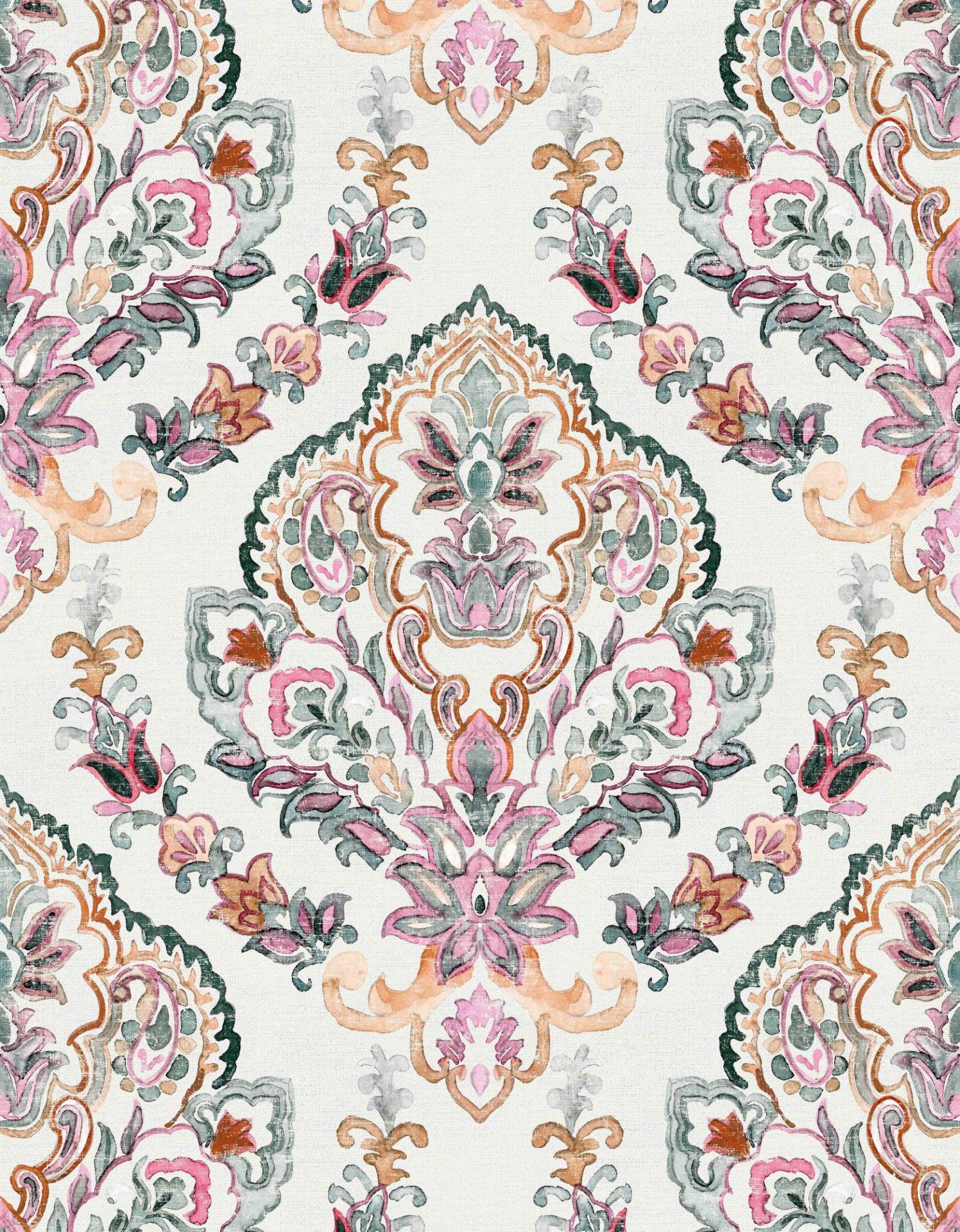 Fototapet med motiv af boho-ornament i pastel med blomstermedaljon 3,4 x 2,65 m
