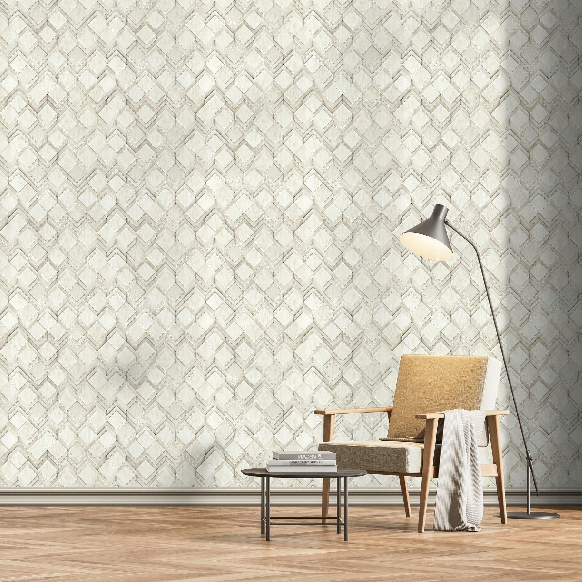 Papel pintado no tejido en blanco, gris ilusión de rombos 3D look moderno 
