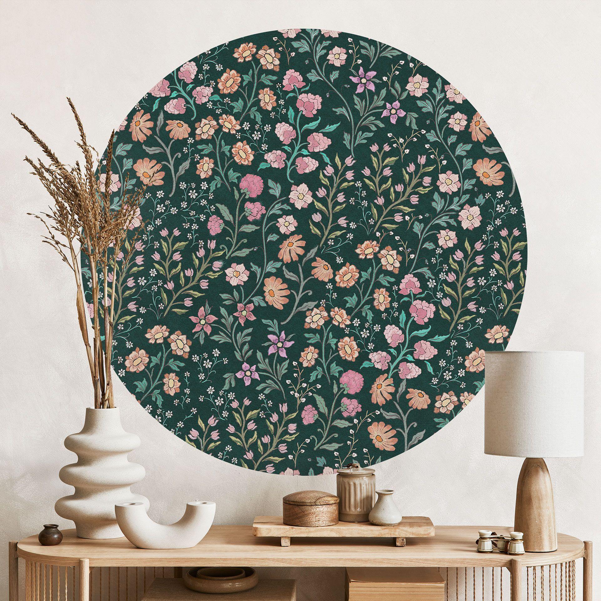 Vinilo decorativo de flores de prado vintage - Verde oscuro - Decoración con flores - Redondo