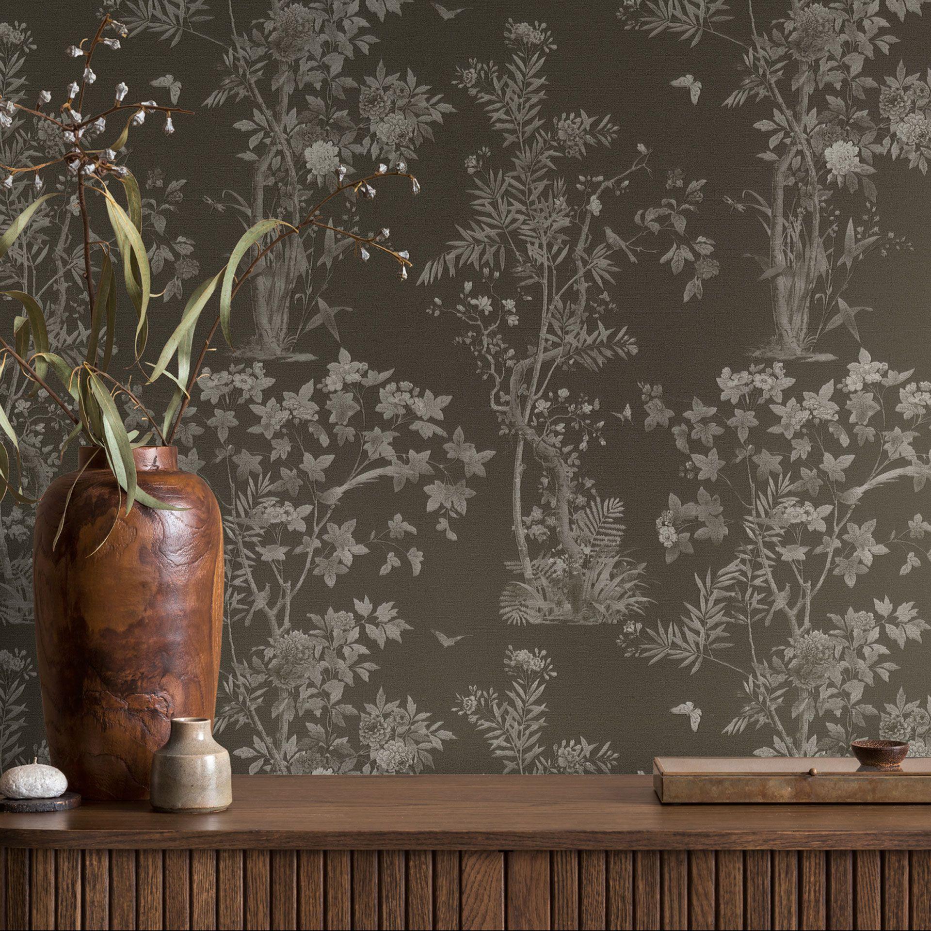 Papel pintado de muestra de mariposas negro gris - Papel pintado no tejido motivo naturaleza
