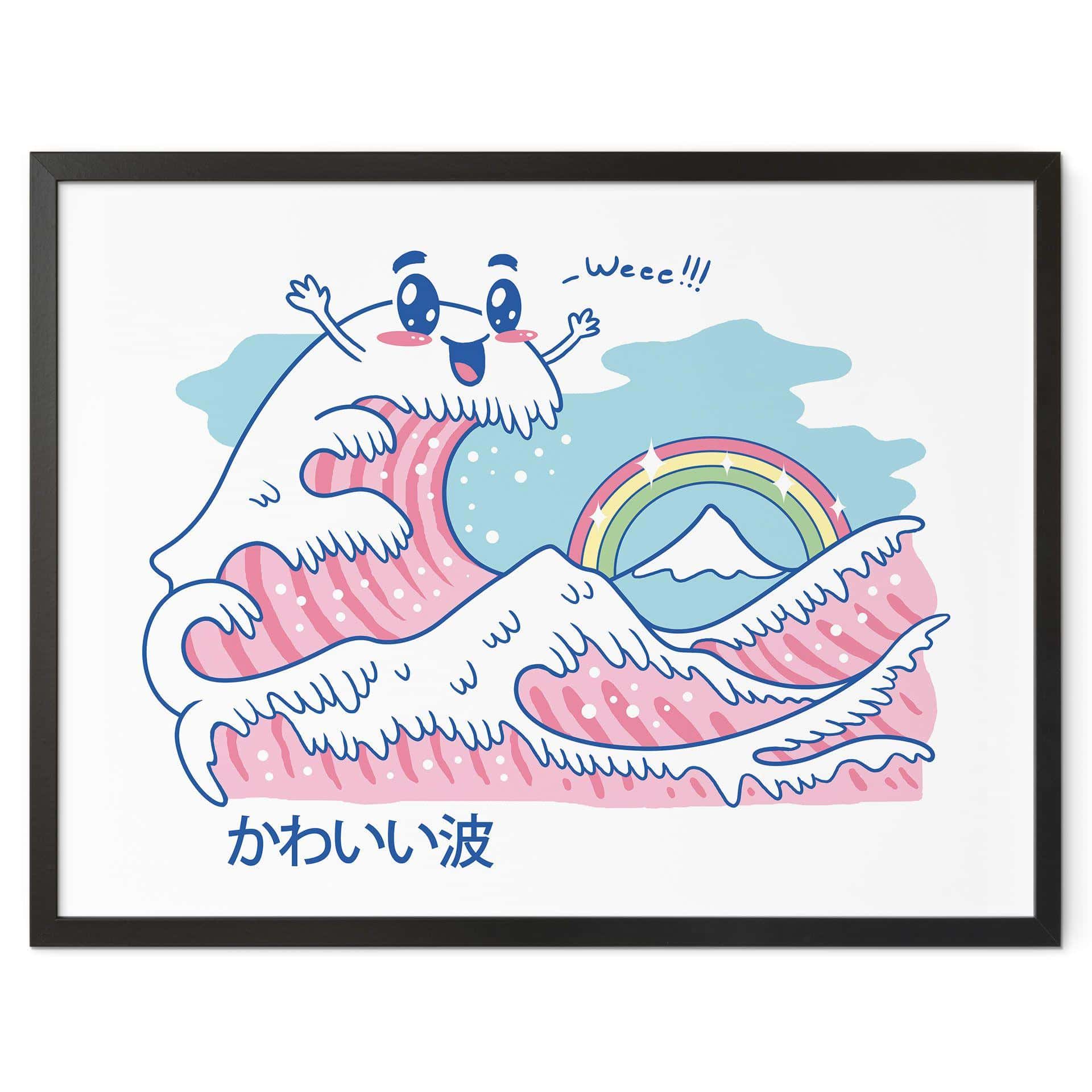 Póster Ola kawaii con arco iris y Monte Fuji - Trinidad