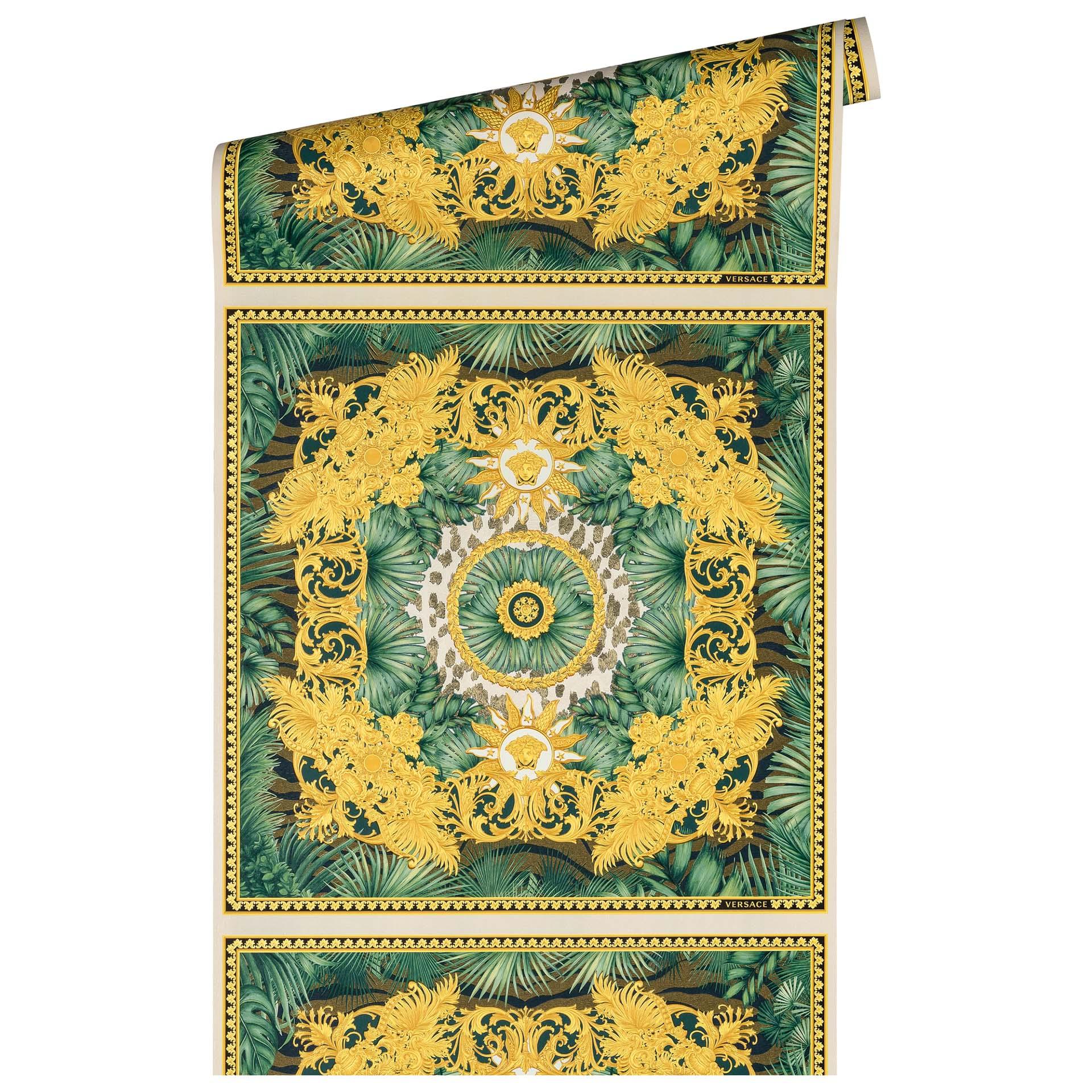 Versace tapet jungle i grøn og guld non-woven tapet med medusa hoveder design
