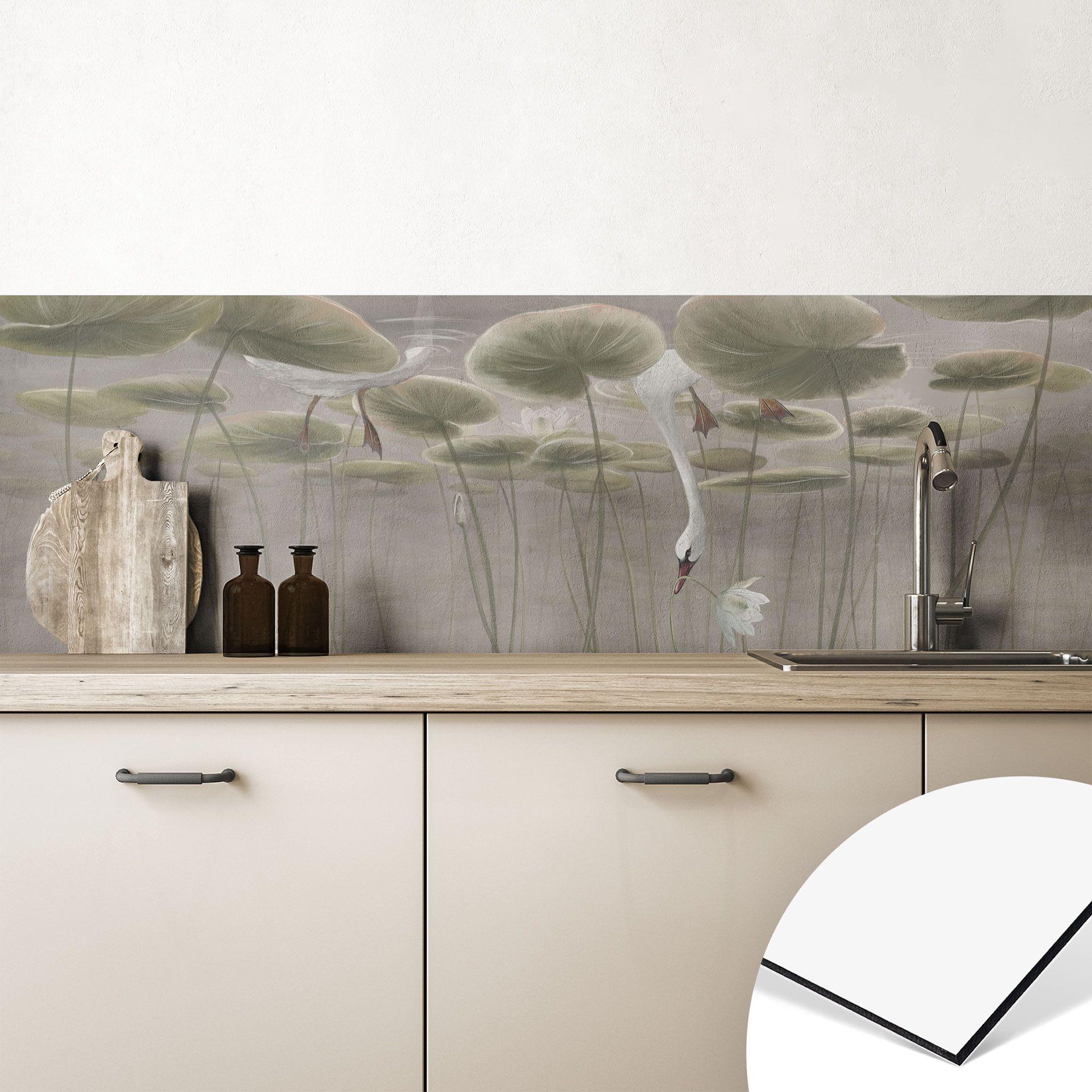 Keukenachterwand met lotusbloemen en zwaan in water in grijs - Ms Tiff