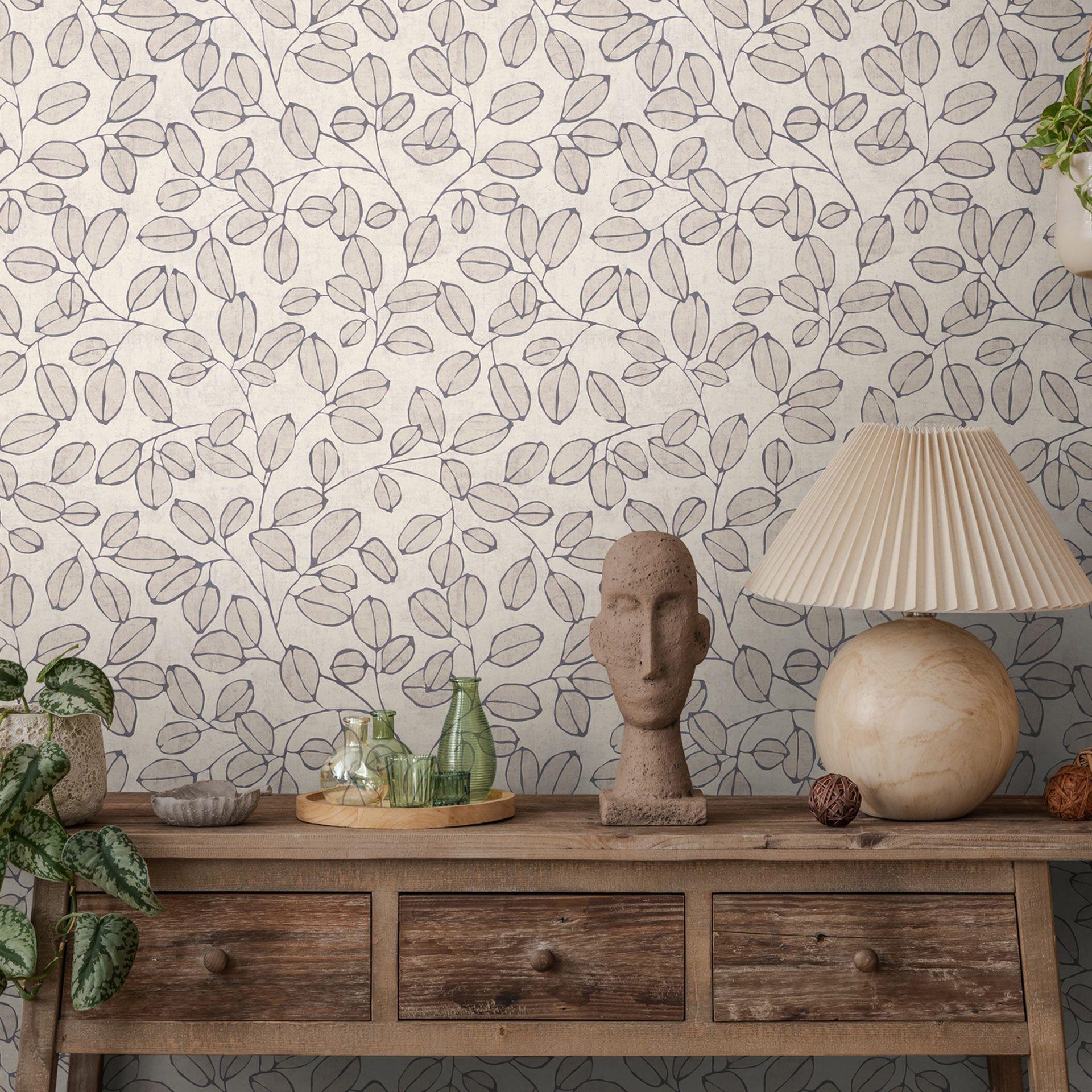 Non-woven tapet natur - fint stribemønster i greige & terracotta