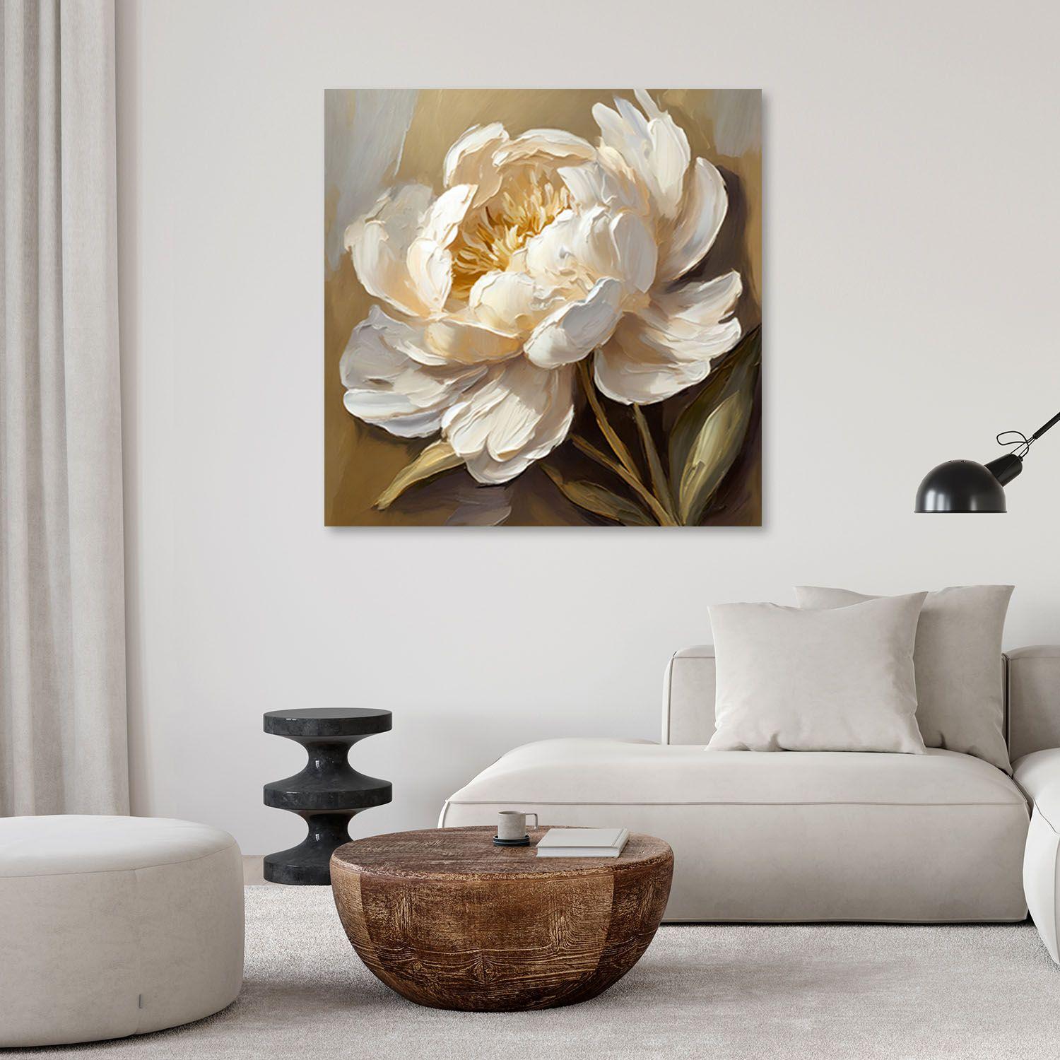 Canvasbillede, pæon creme håndmalet