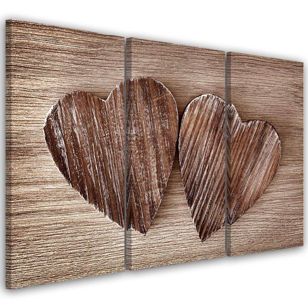 3 stykke lærred Print Heart Wood Brown Retro Shabby