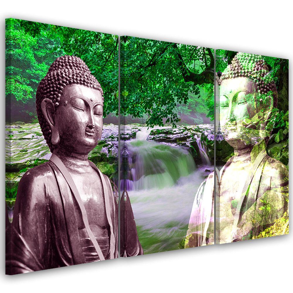 3 stykke lærredstryk Buddha vandfald skovgrøn