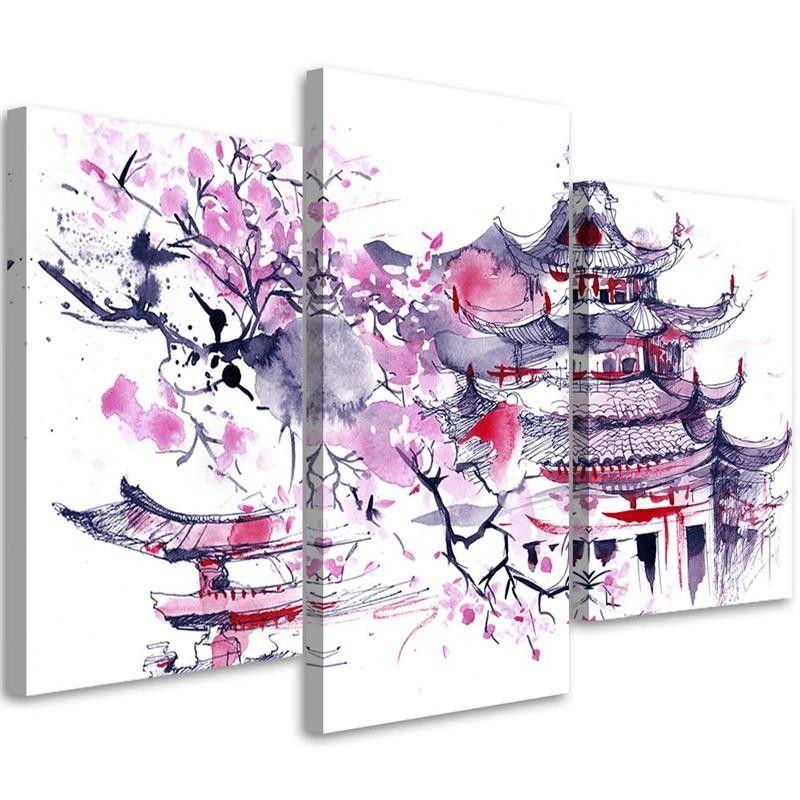 3 stykke lærredstryk, Pagoda Cherry Tree Japan Painted