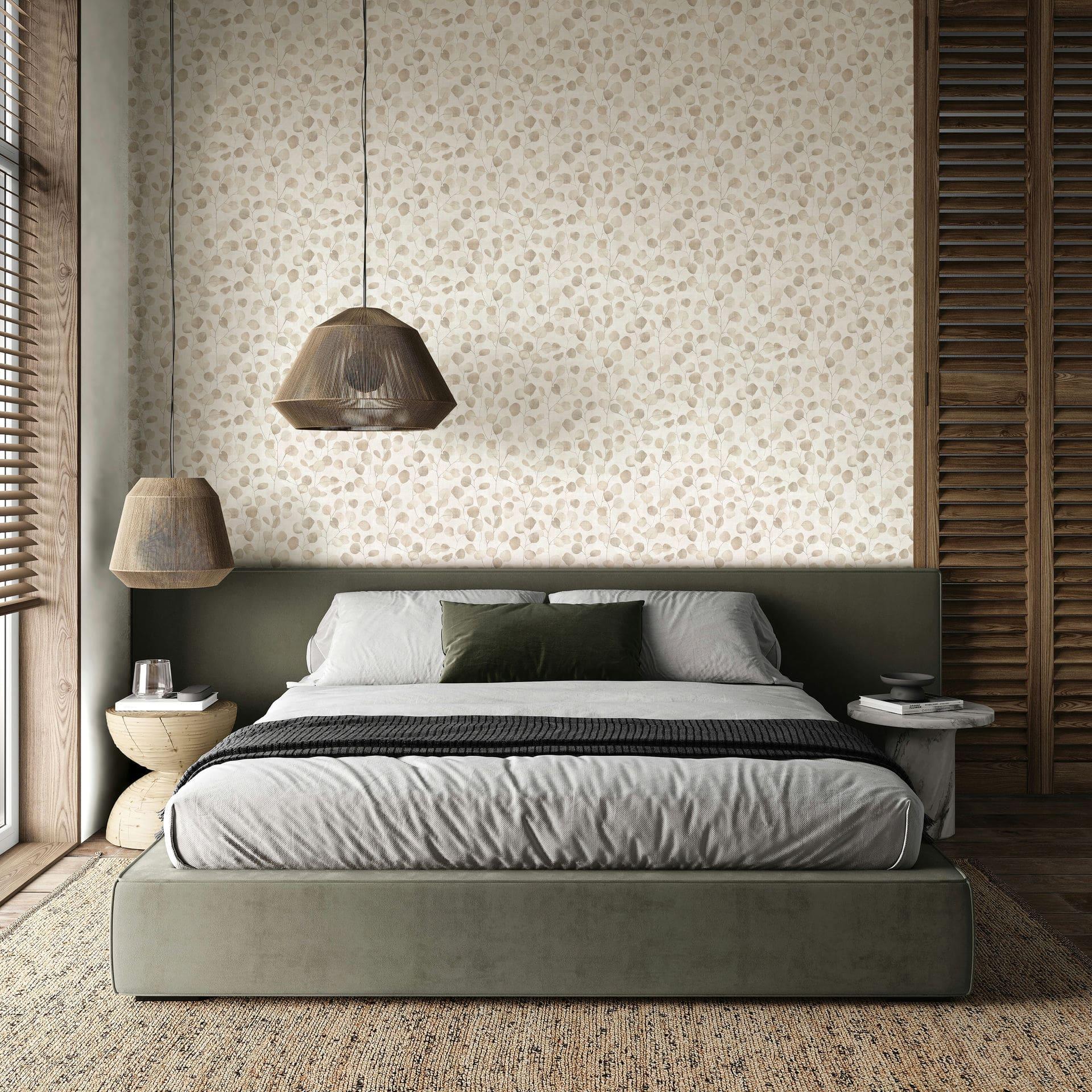 Papel pintado no tejido en gris hojas aspecto naturaleza floral 