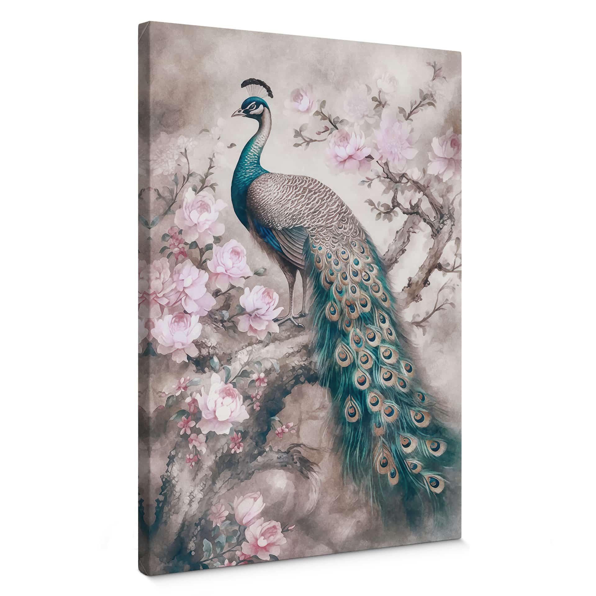 Lienzo pavo real noble con flores - Haase