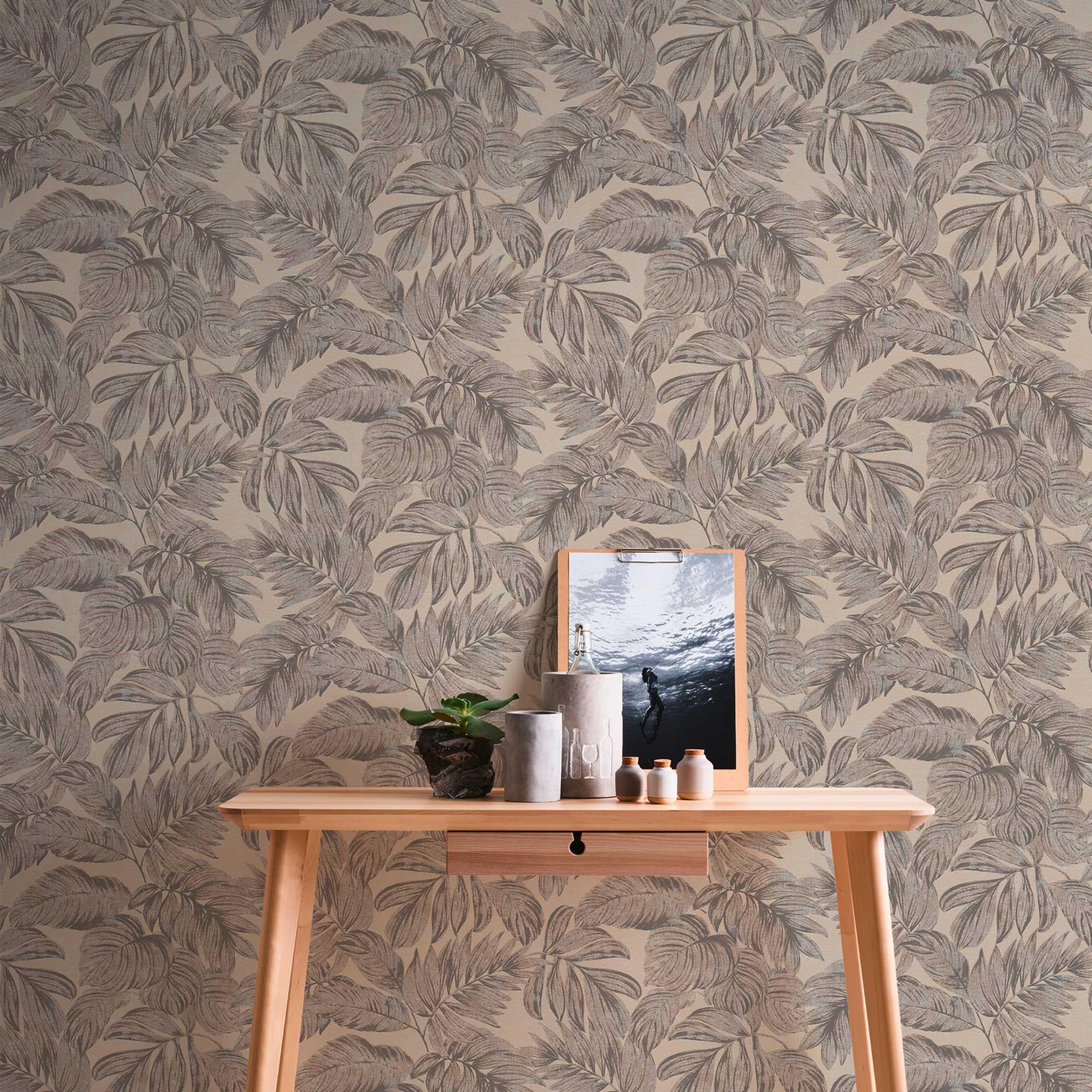 Papel pintado no tejido de hojas de palmera marrón gris - papel pintado jungla para dormitorio