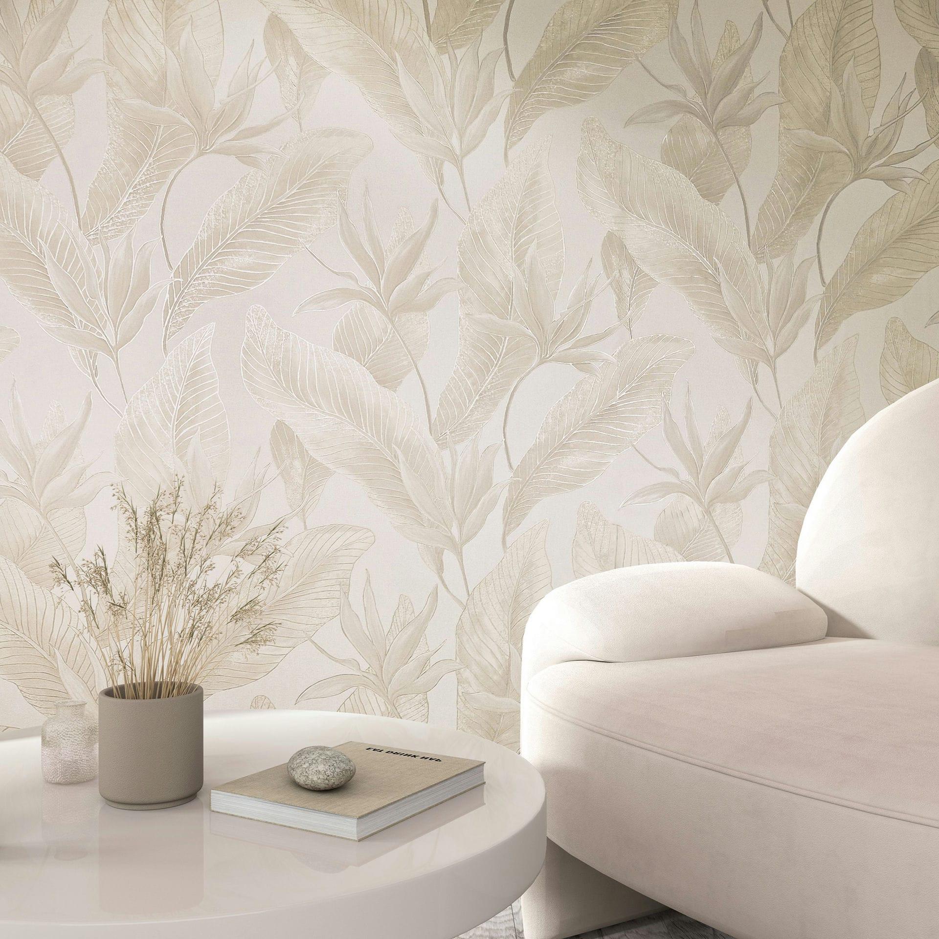 Papel pintado no tejido flores, hojas naturaleza floral en beige 