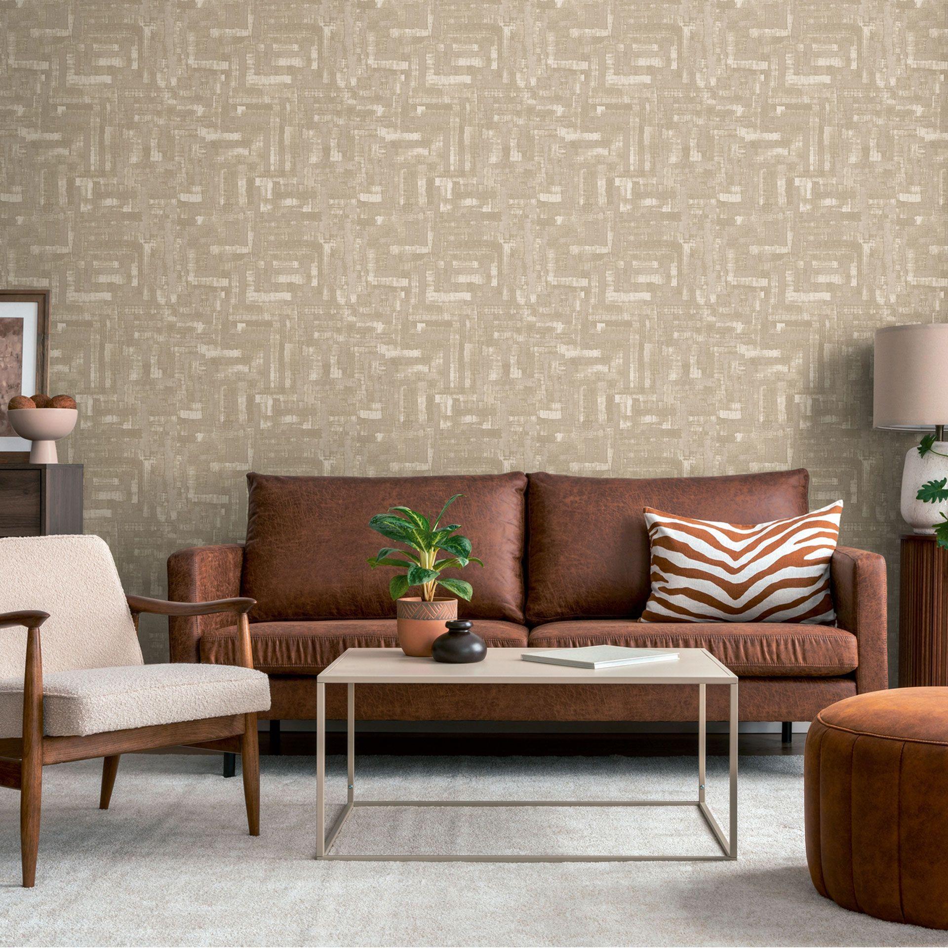 Tekstureret tapet med hørstruktur brun beige - Geometrisk mønster 