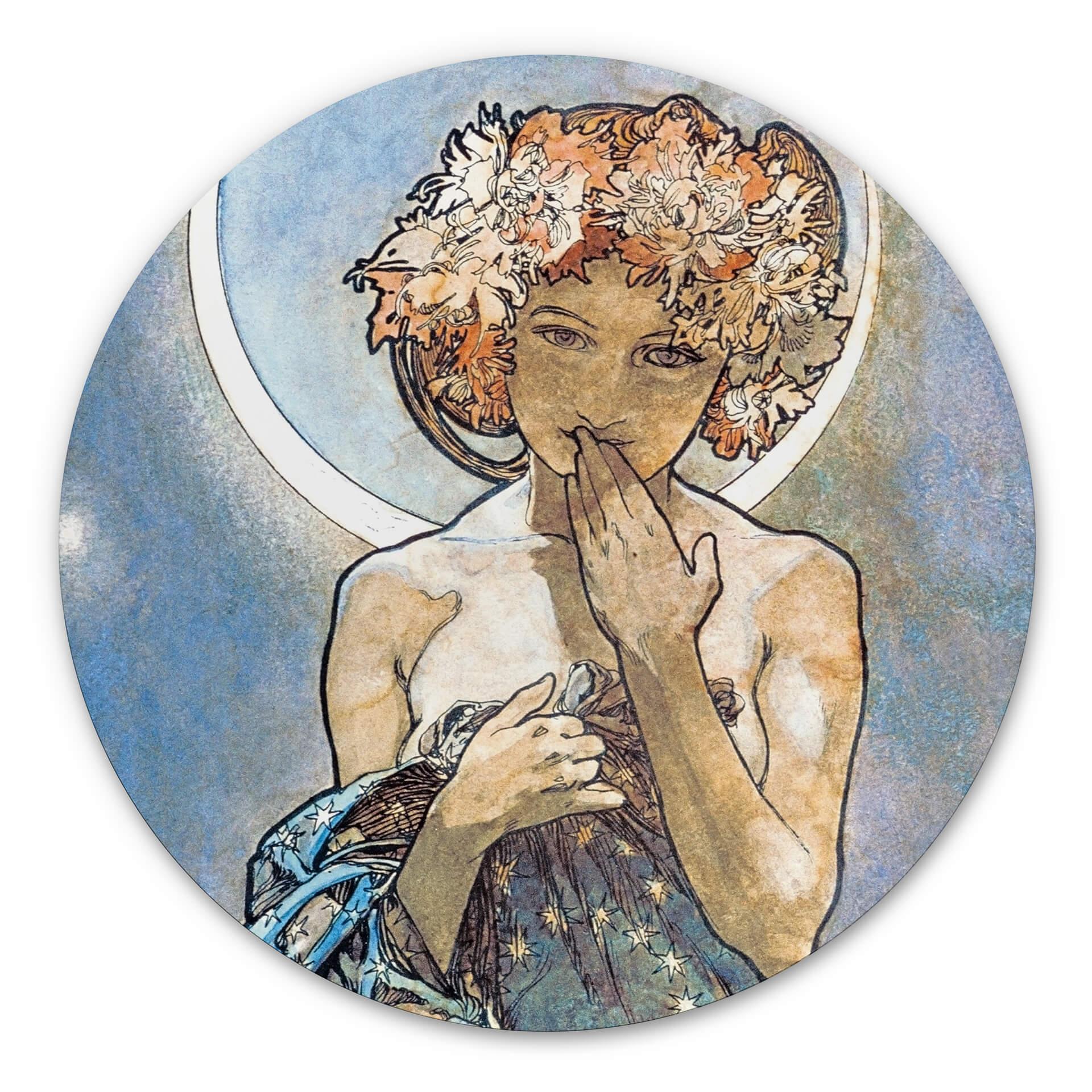 Tableau sur alu-Dibond rond Mucha - Etoiles: La Lune